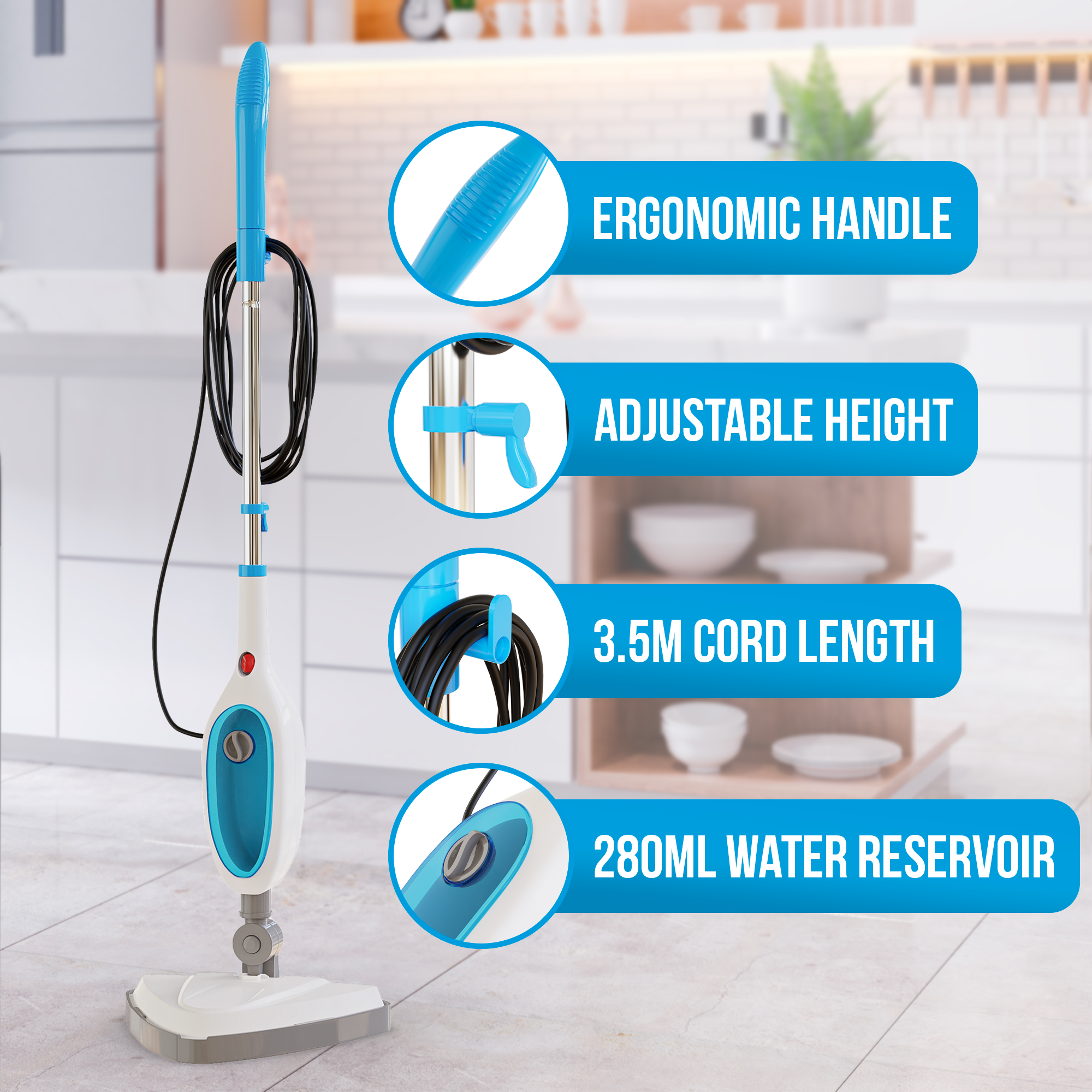 Stoomreiniger met een ergonomische handgreep, verstelbare hoogte en een snoer van 3,5 m. Hij heeft een waterreservoir van 280 ml.