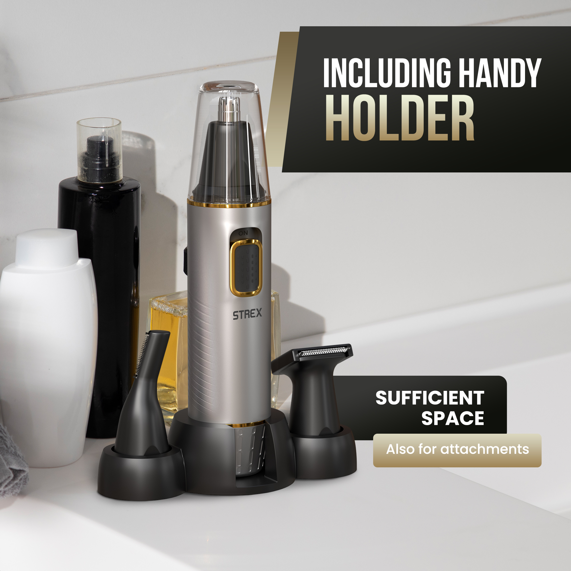 Silver nose hair trimmer with attachments. Includes a holder and space for attachments, beside black and white bottles.