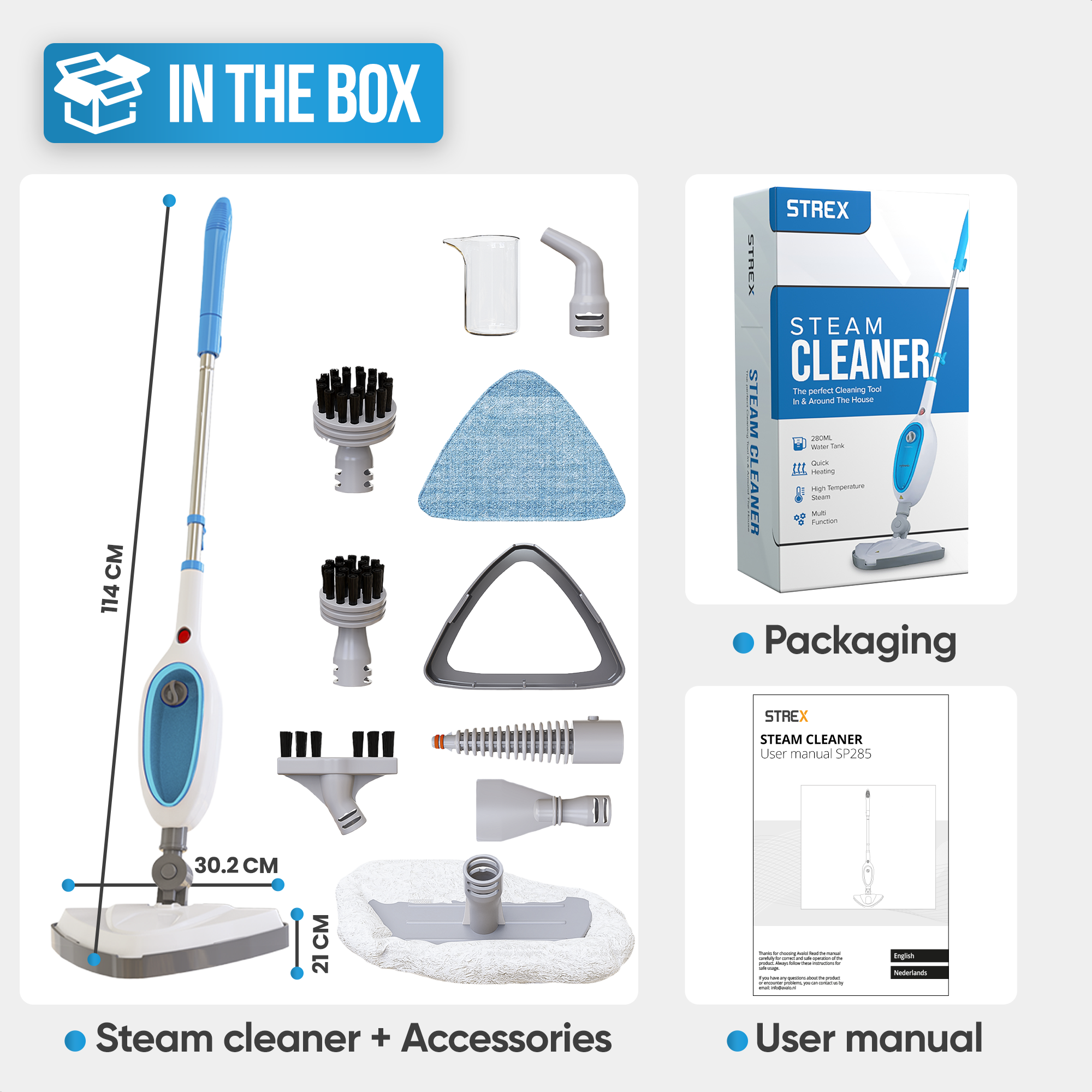 Stoomreiniger en accessoires, inclusief borstels, pads en een gebruikershandleiding. Inclusief verpakking en een diagram.