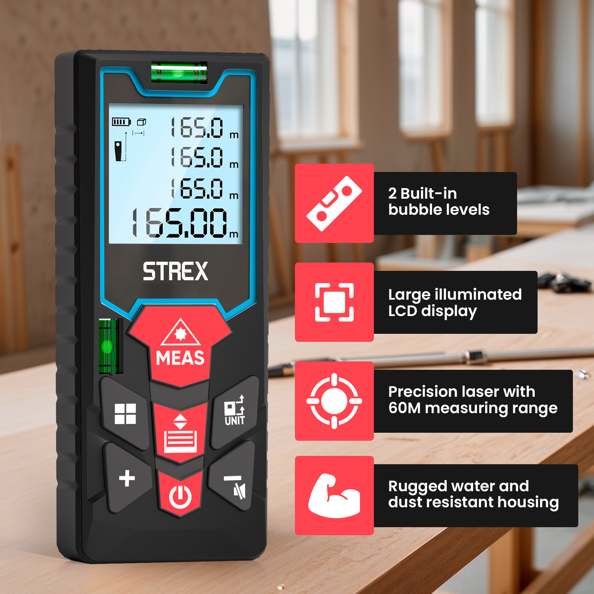 Black and red laser distance meter displaying measurements. Has buttons for measurements, on/off, and other functions.