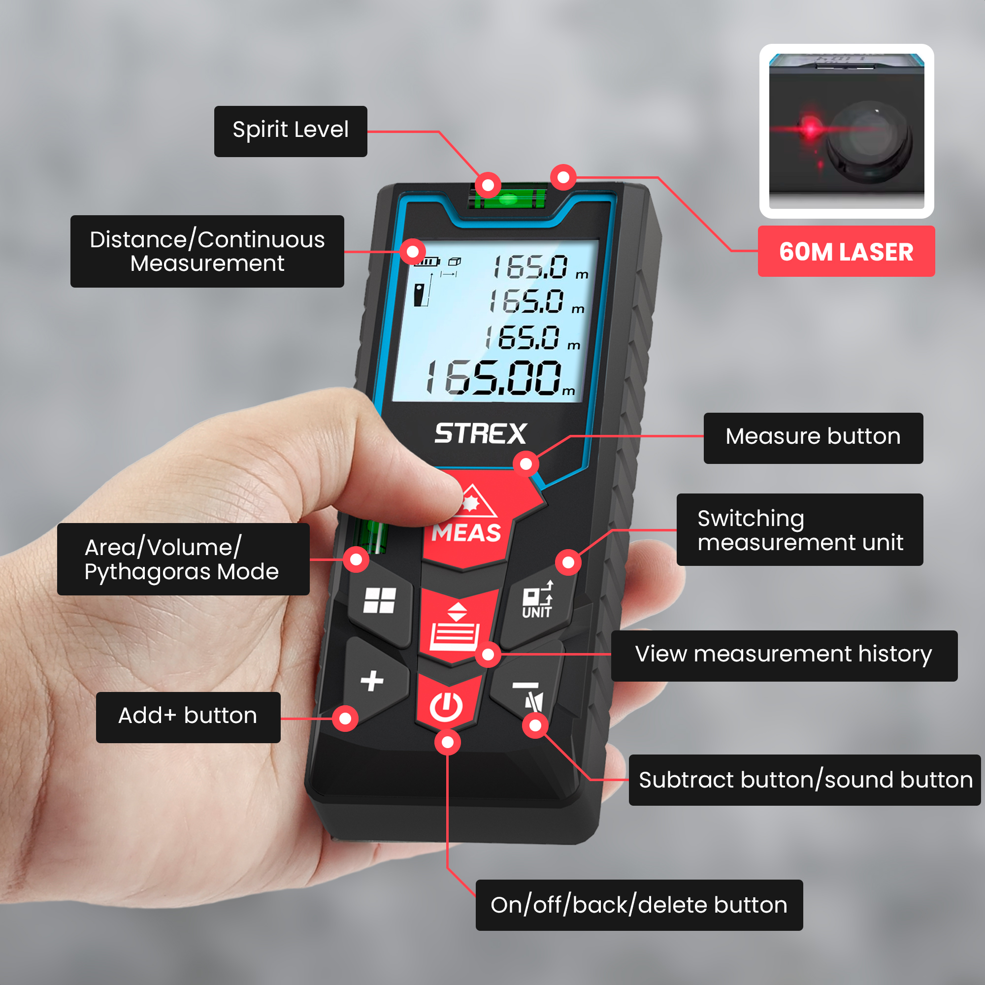 Black and red laser distance meter with buttons and a display showing measurements. Has a spirit level.