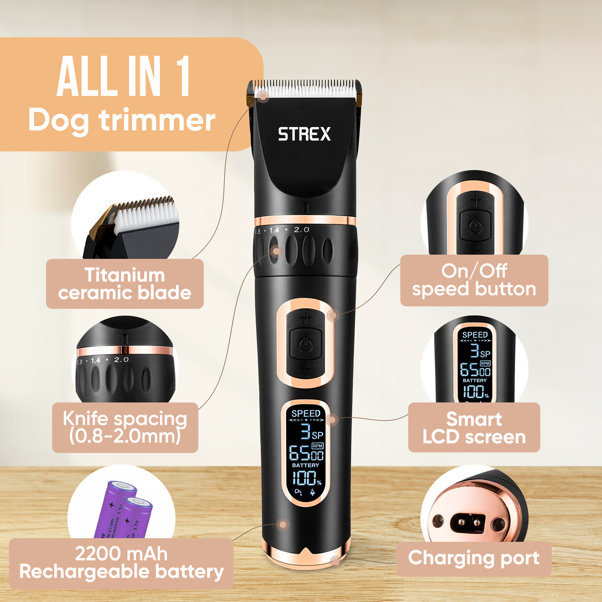 Black dog trimmer with a digital display, on/off button, and a charging port. Includes a 2200 mAh battery.