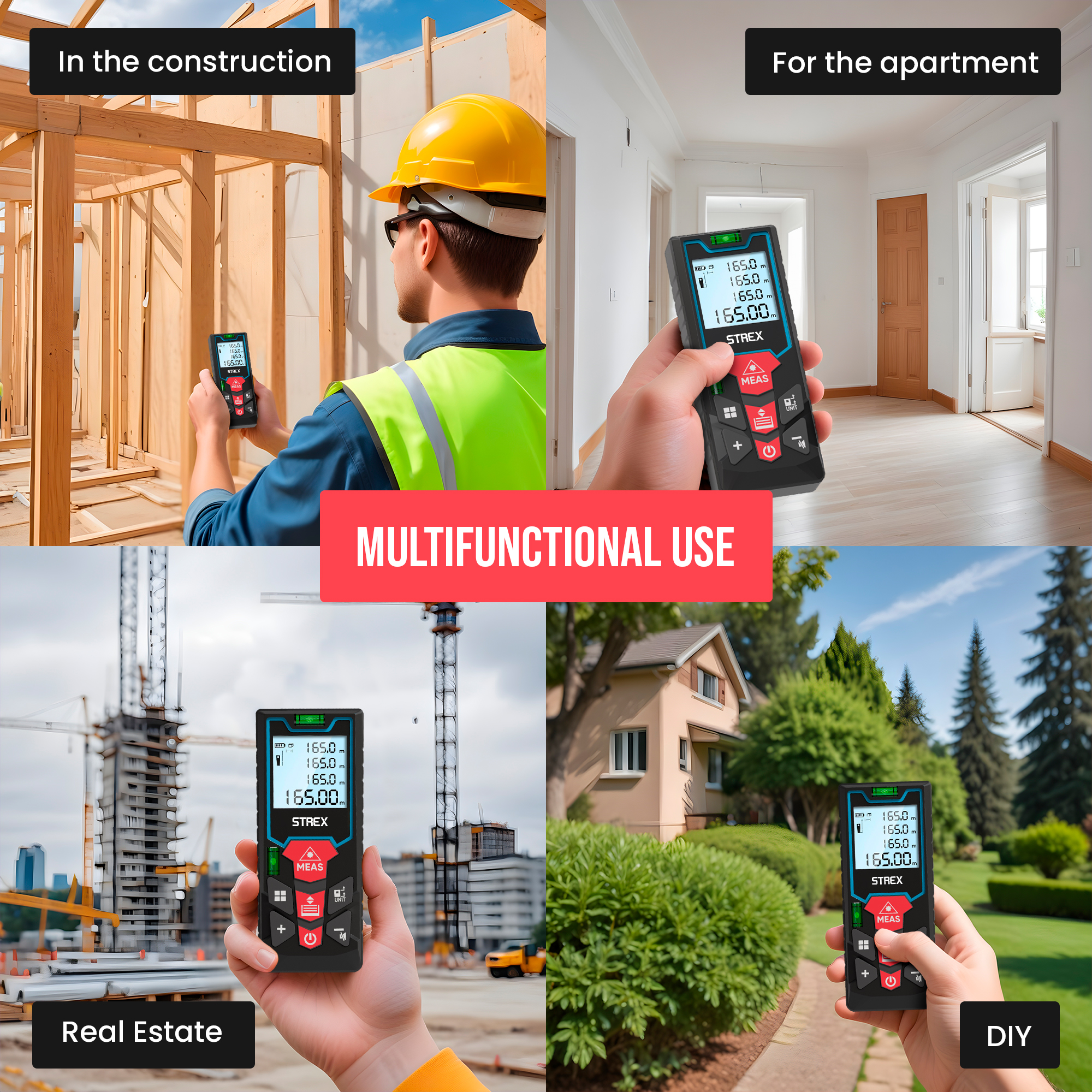 Laser distance meter being used in different scenarios: construction, apartment, real estate, and DIY projects.
