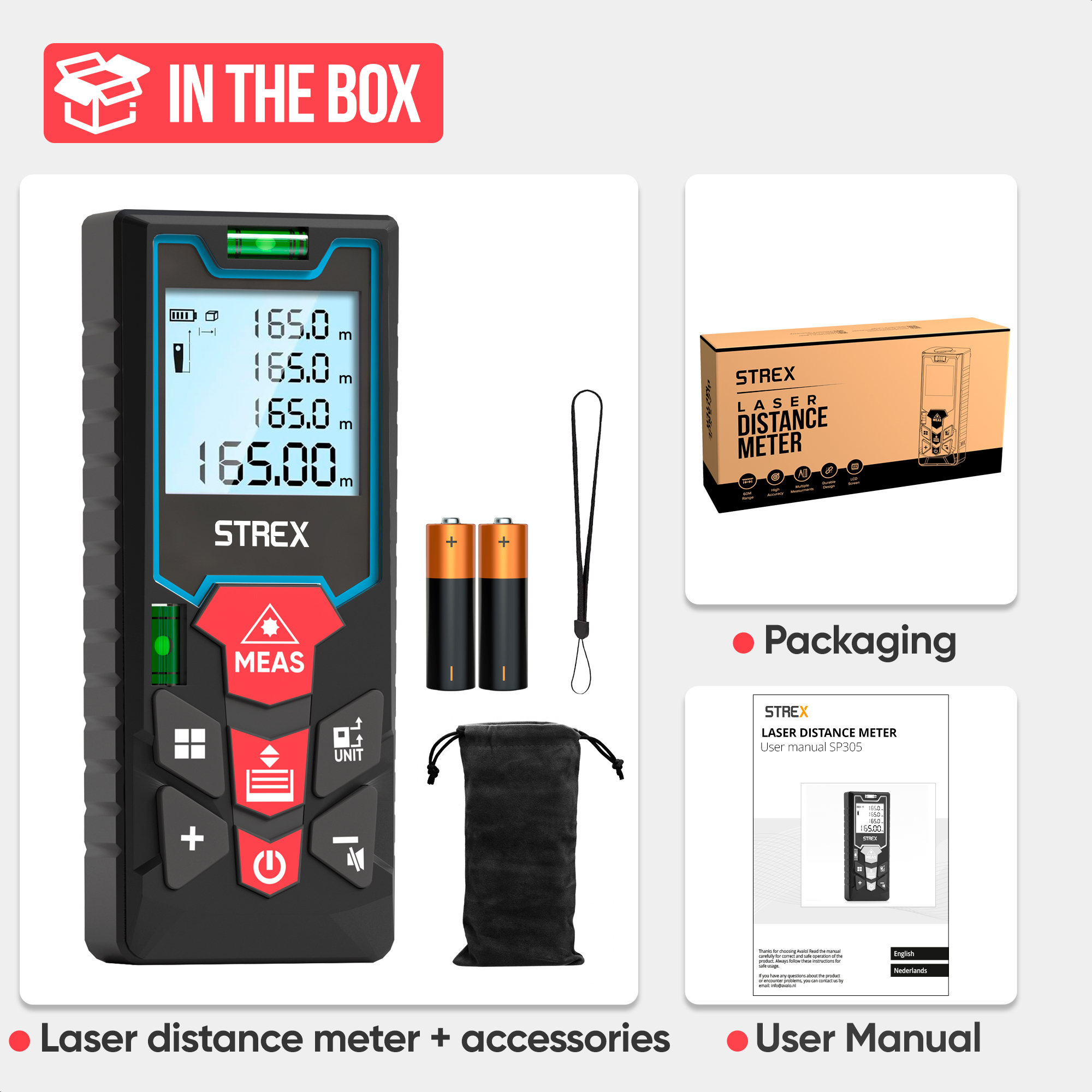 Laser distance meter with accessories. Packaging includes the meter, batteries, a pouch, and the user manual.