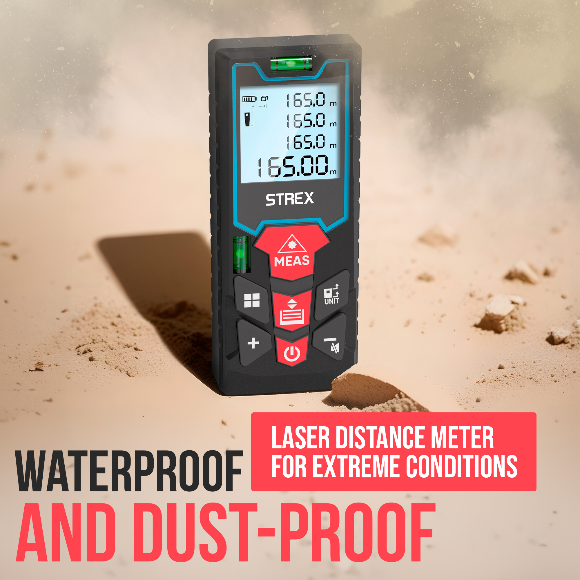 Black laser distance meter on the ground. Shows measurements on the screen. Waterproof and dust-proof.