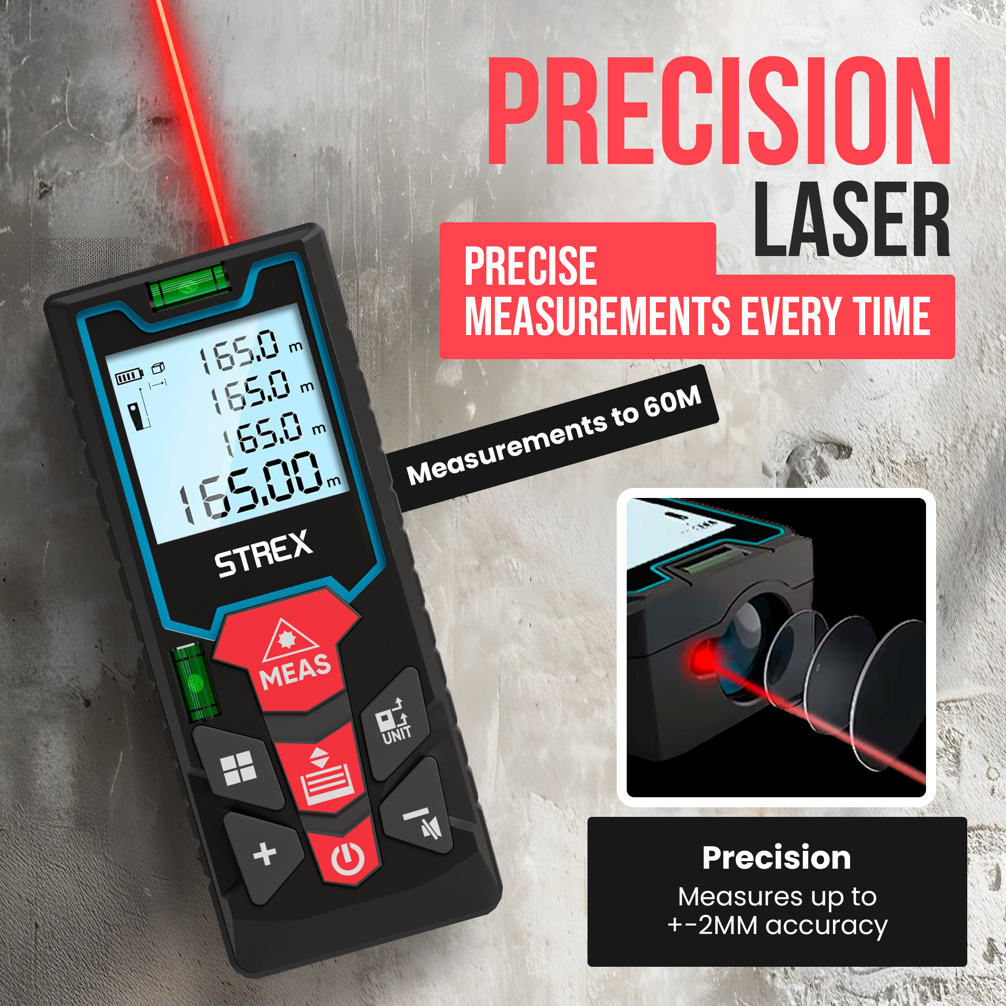 Laser distance meter with red laser beam. Displays measurements. Text says 'Precision Laser' and 'Precise Measurements'.