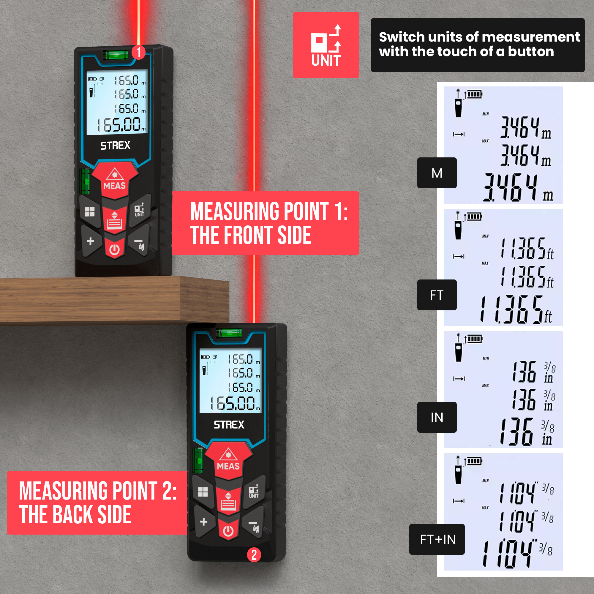 Two laser distance meters measuring. Displays different units of measurement: meters, feet, and inches.