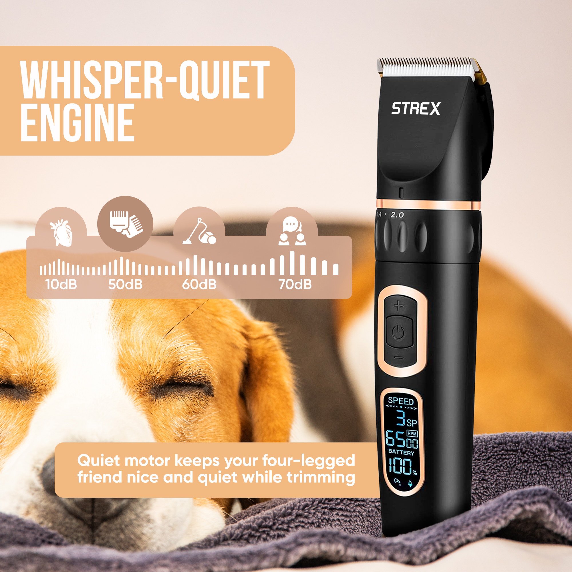 Black dog trimmer with digital display and a quiet motor. The trimmer is near a sleeping dog.