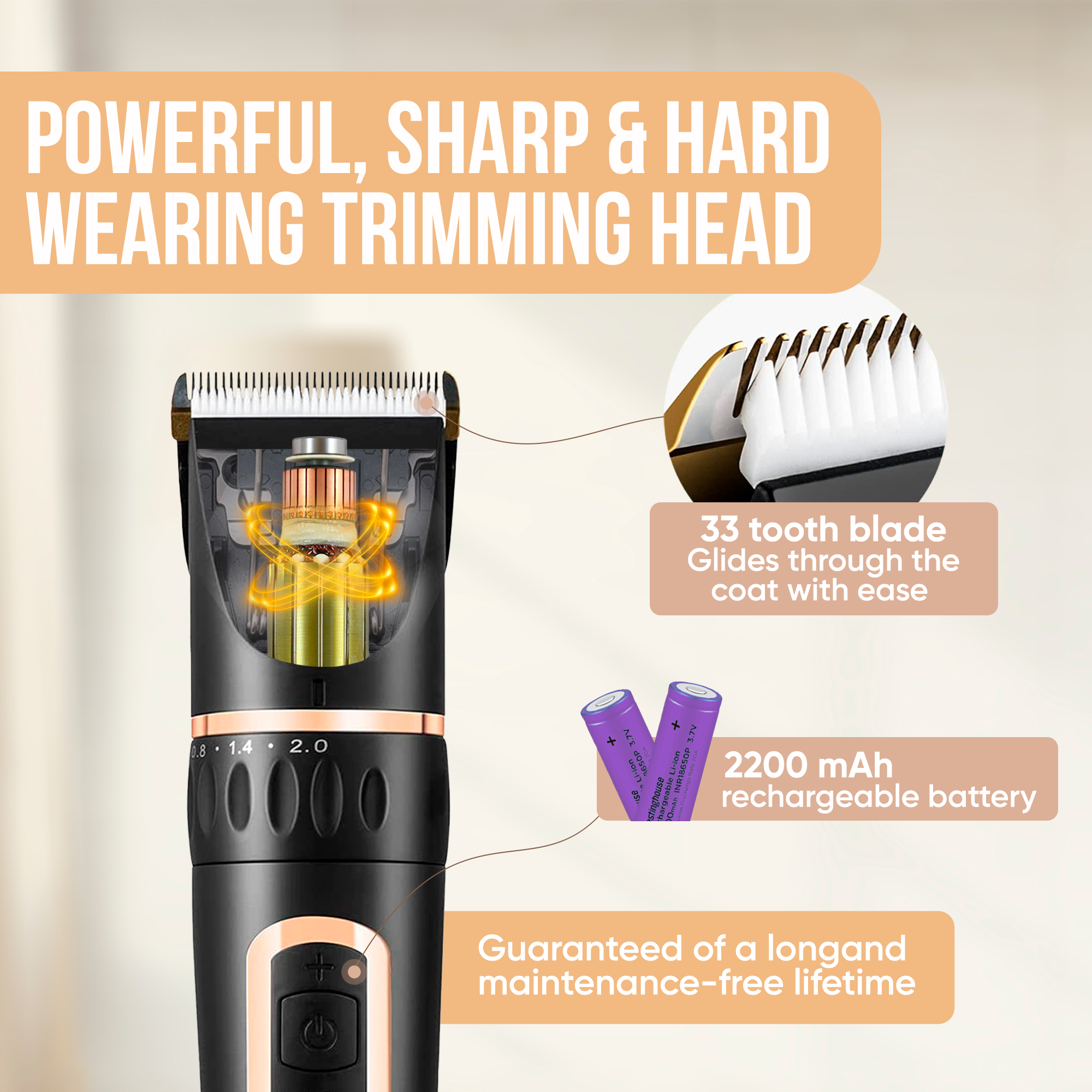 Black and silver hair trimmer with a detailed view of the blade, battery, and text labels.