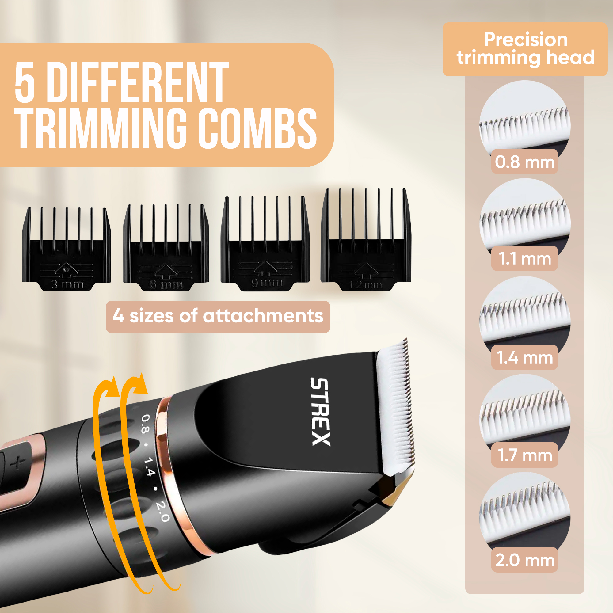 Dog trimmer with 5 different trimming combs. The trimmer is black and gold, with a precision trimming head.