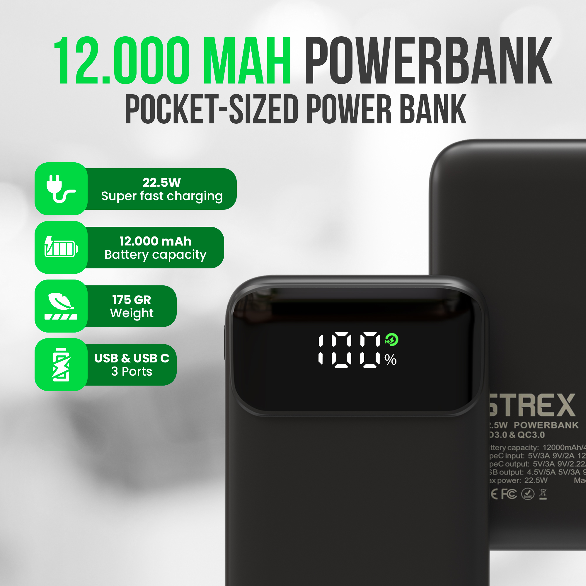 Powerbank noire avec un affichage numérique indiquant 100% de charge. Le texte indique une charge super rapide de 22,5 W et 12 000 mAh.