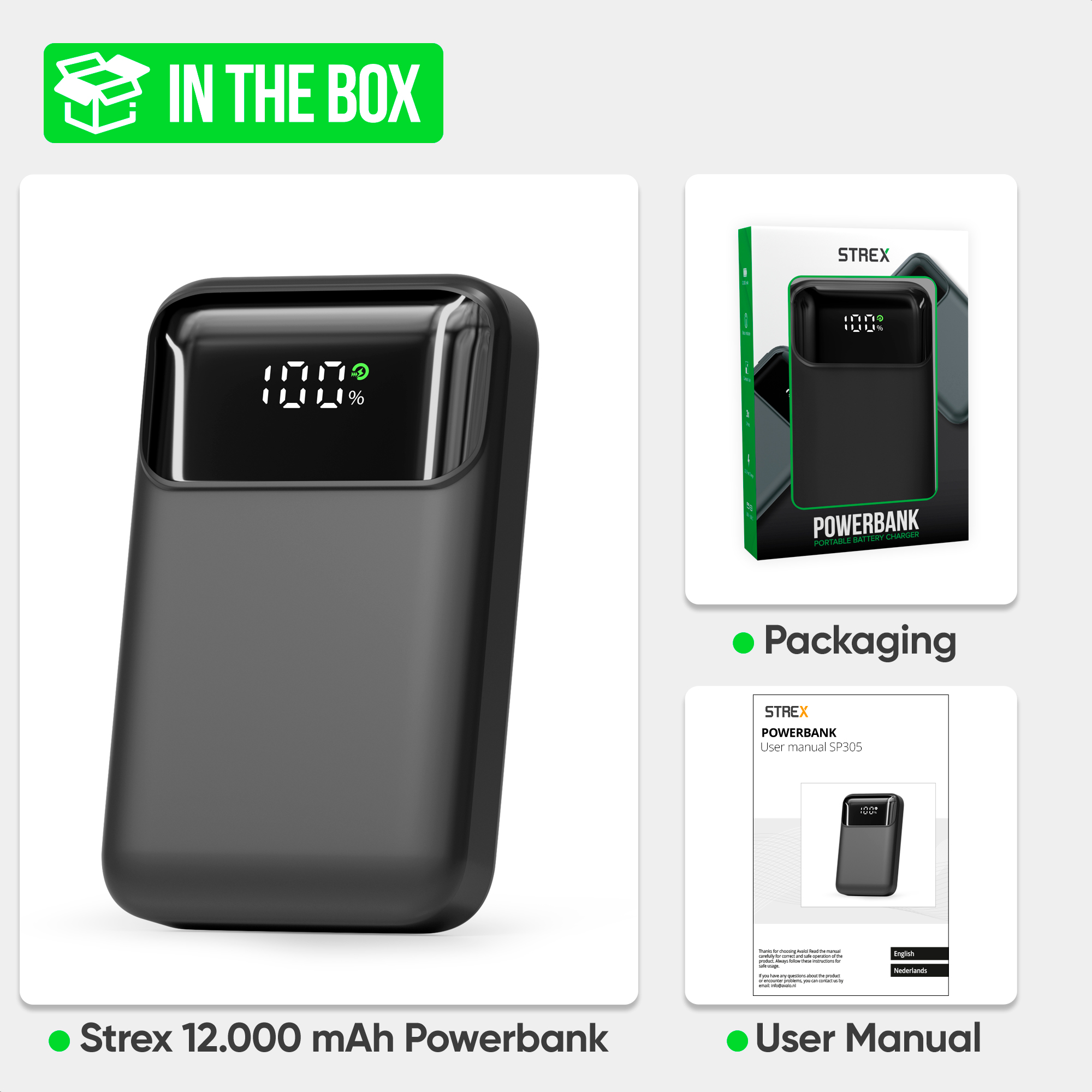 Powerbank noire avec affichage numérique indiquant 100%. L'emballage et le manuel d'utilisation sont également présentés.