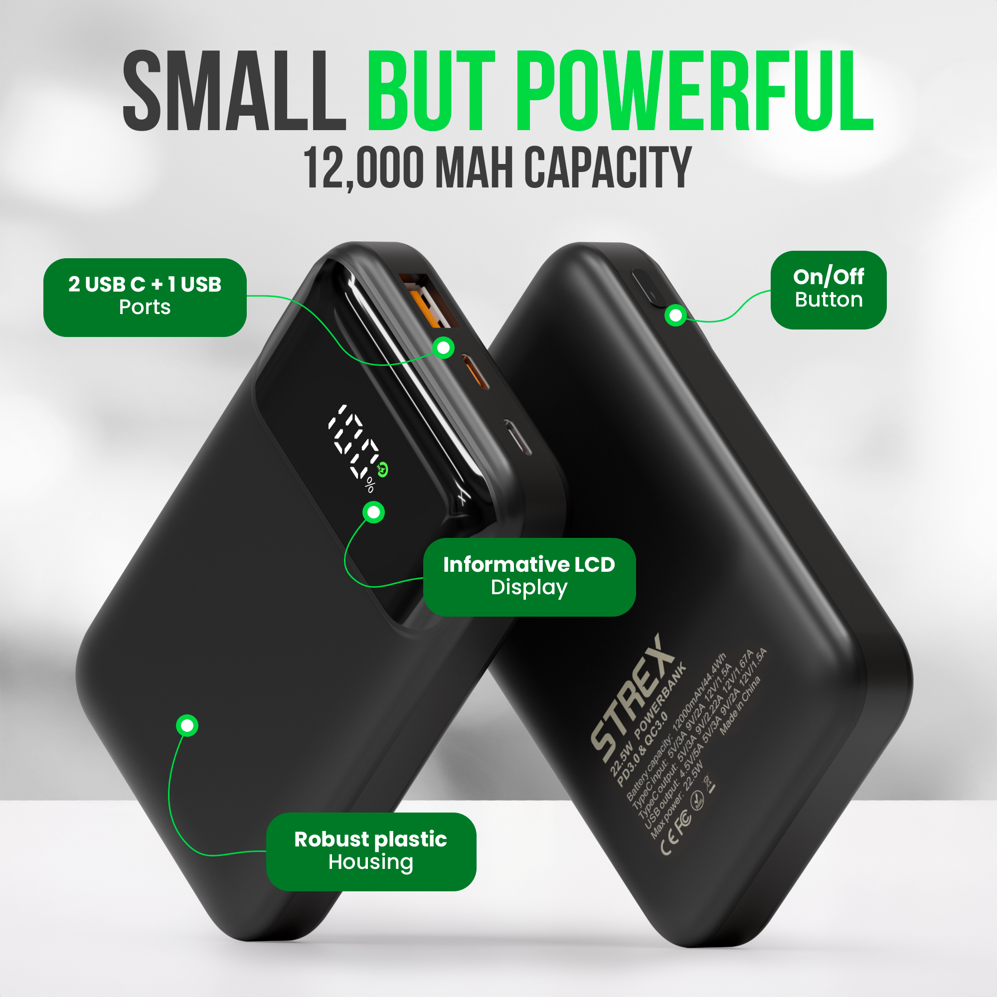 Powerbanks noires avec écran LCD informatif et plusieurs ports USB. L'une est inclinée.