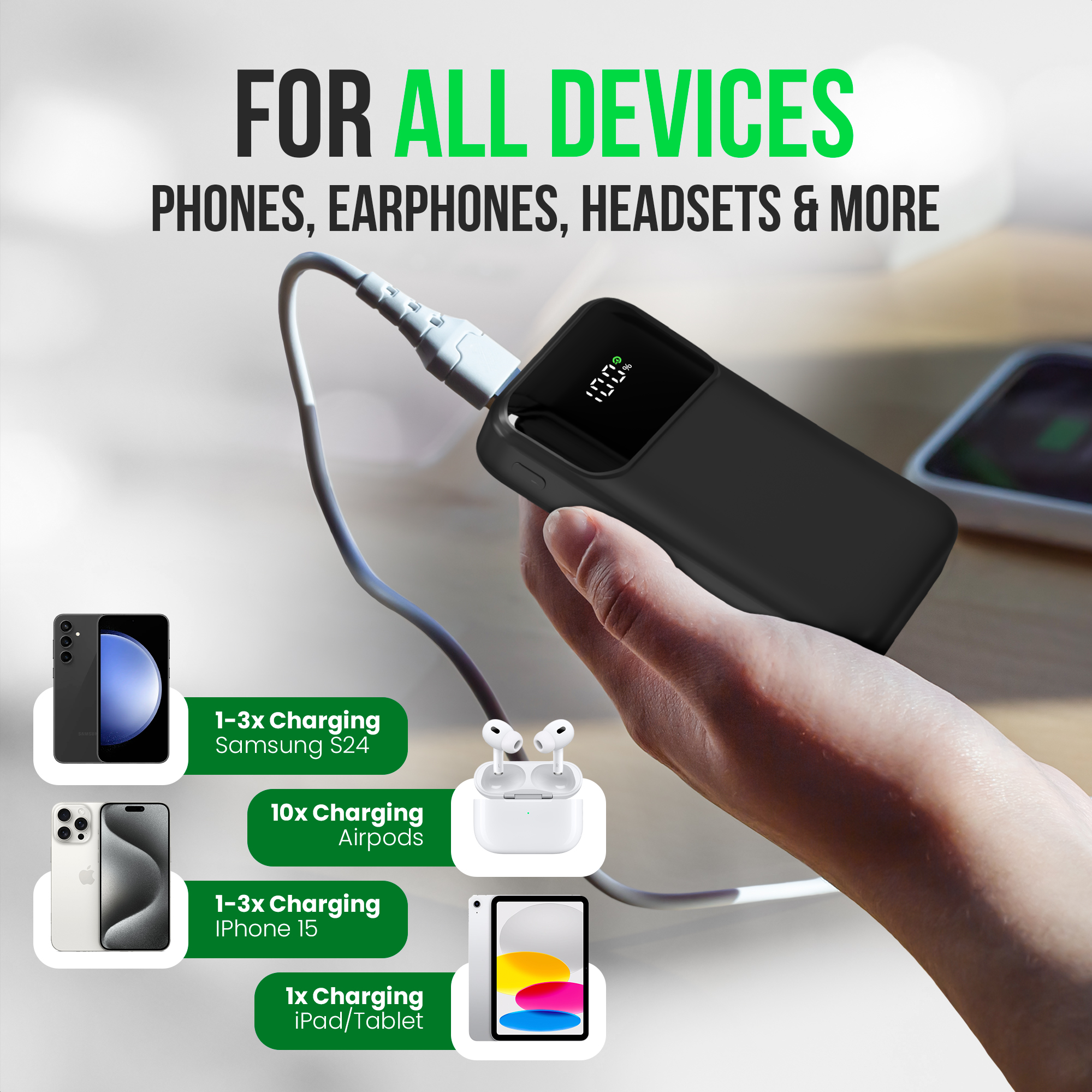 Main tenant une powerbank noire avec un câble branché. Montre la charge de téléphones, Airpods et une tablette.