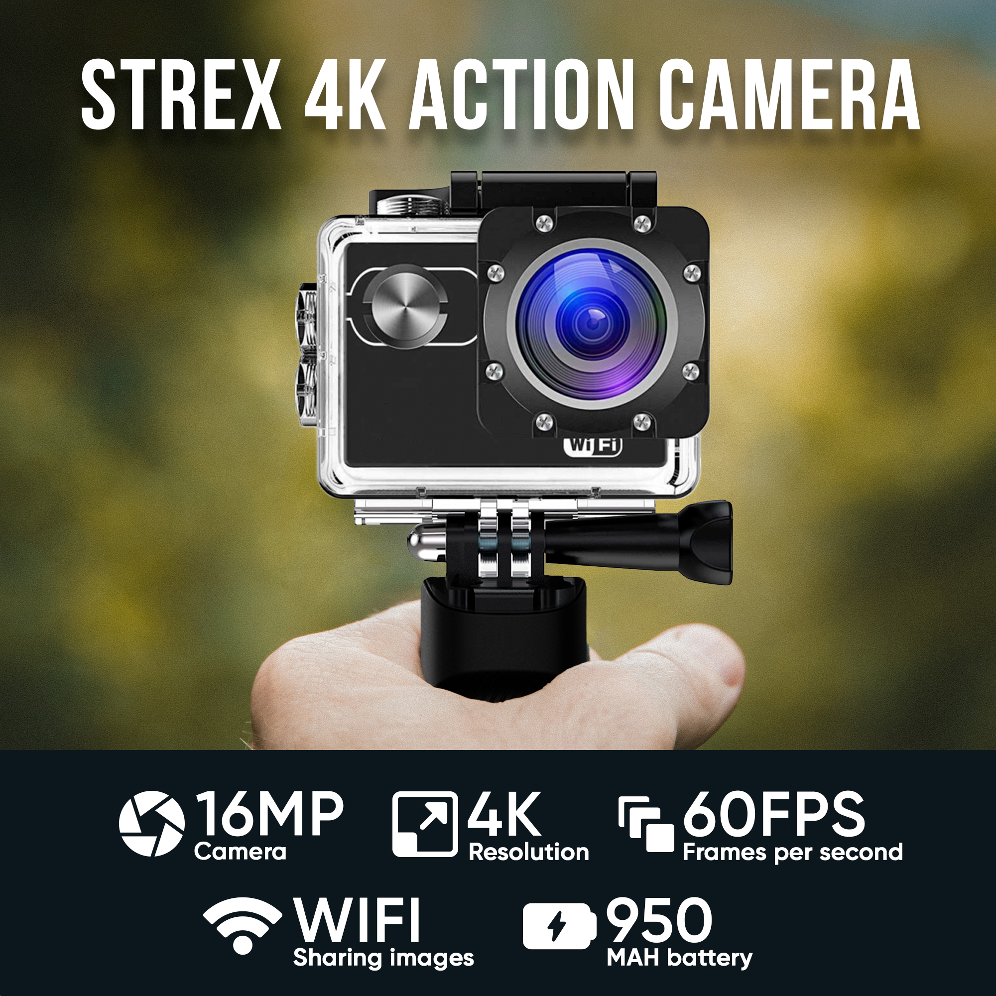 Schwarze Action-Kamera mit sichtbarem Objektiv und Knöpfen. Zeigt Spezifikationen: 16MP, 4K-Auflösung, 60FPS, WiFi und 950mAh Akku.