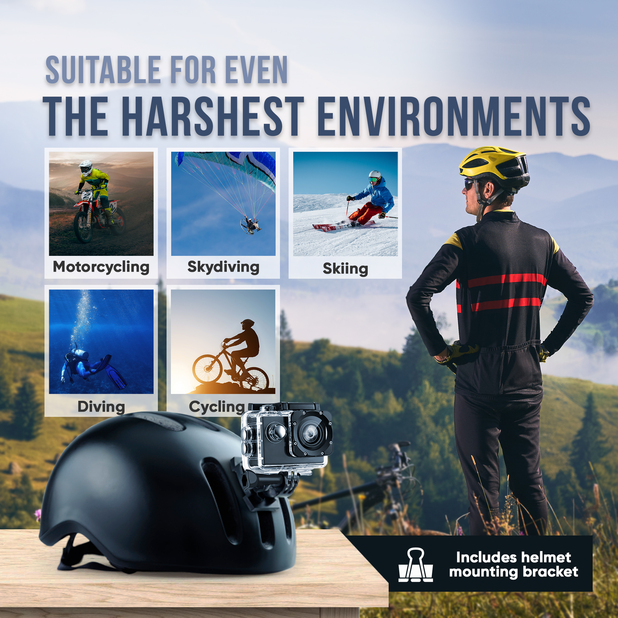 Verschiedene Aktivitäten wie Motorradfahren, Fallschirmspringen, Skifahren, Tauchen und Radfahren, mit Helm.