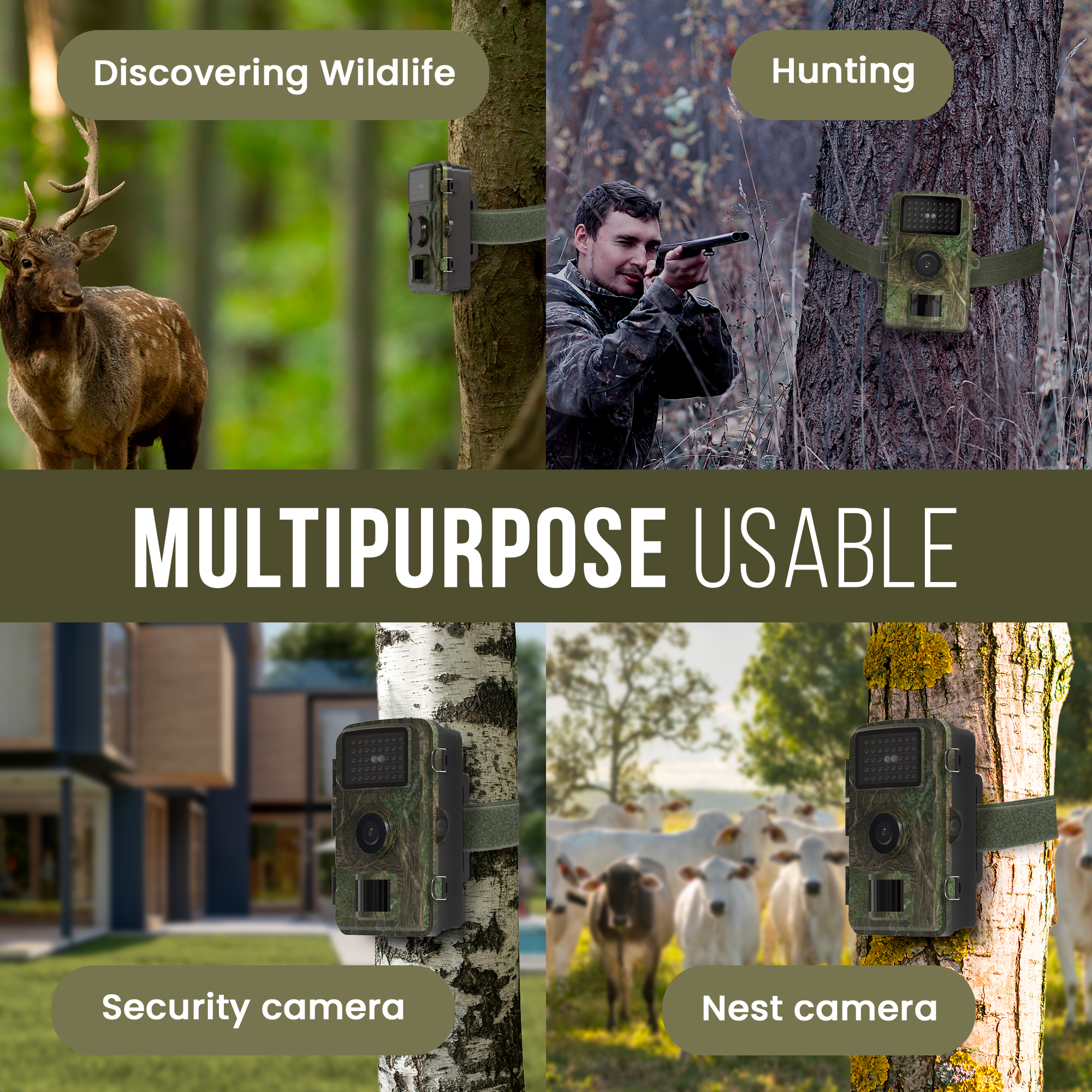 Wildlife cameras mounted on trees, used for discovering wildlife, hunting, security, and nest monitoring.