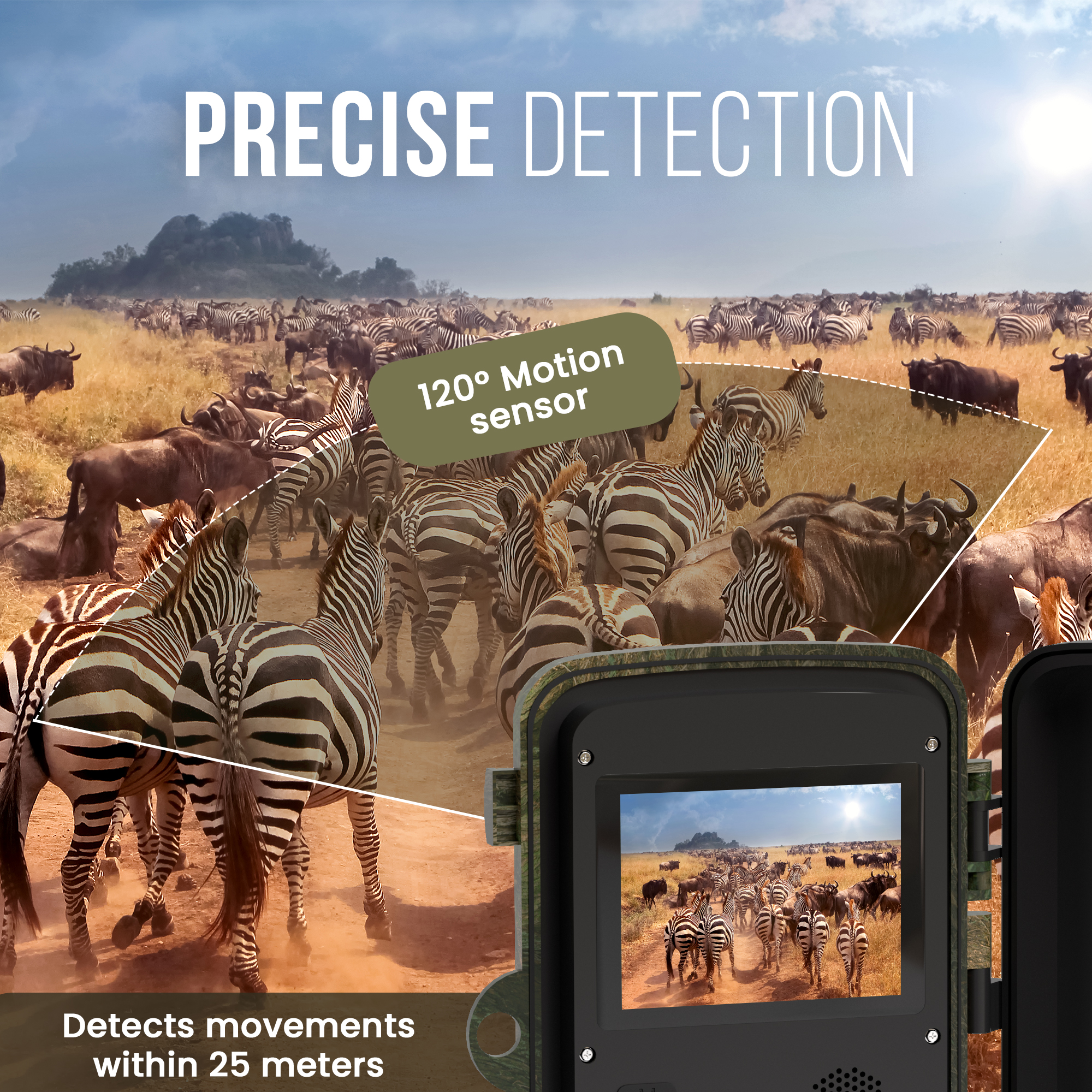 Camera on the right, and a herd of zebras and wildebeests in the background. Text reads Precise Detection.