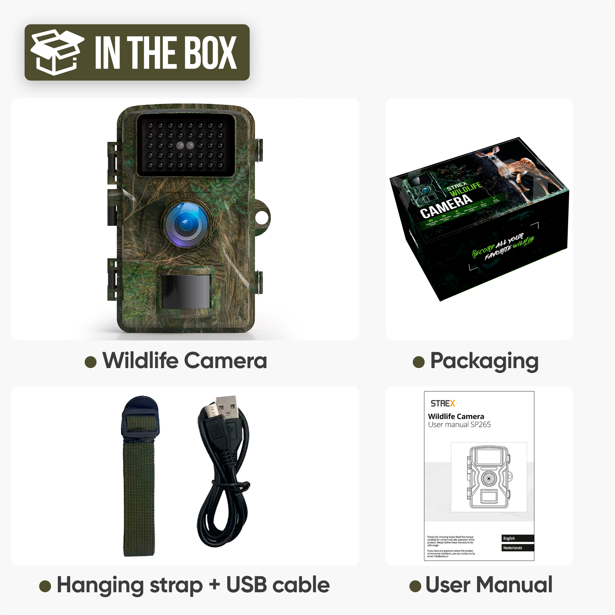 Wildlife camera with packaging, strap, cable, and user manual. Components are in the box.