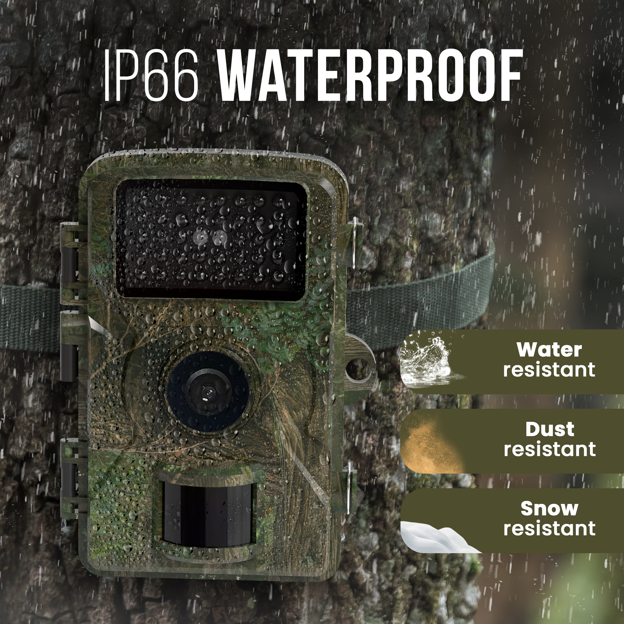 A waterproof wildlife camera with water, dust and snow resistant labels.