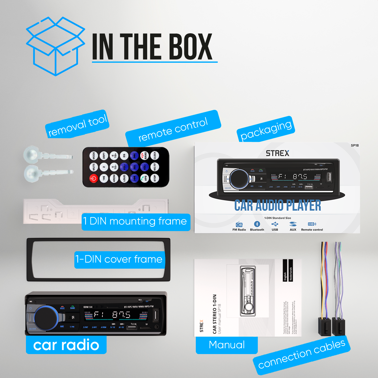 An assortment of car radio components, including a radio, remote, and cables, with labels.
