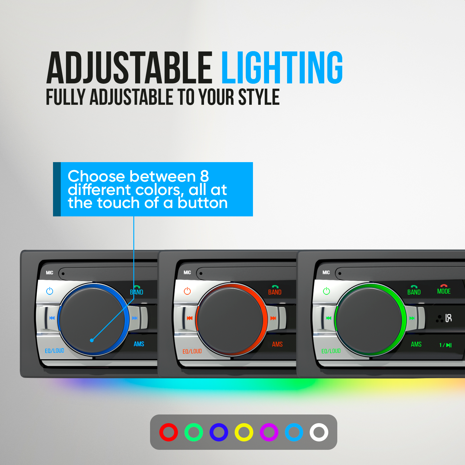 Car radio with 8 color options. Text says: Adjustable lighting, choose between 8 different colors, at the touch of a button.