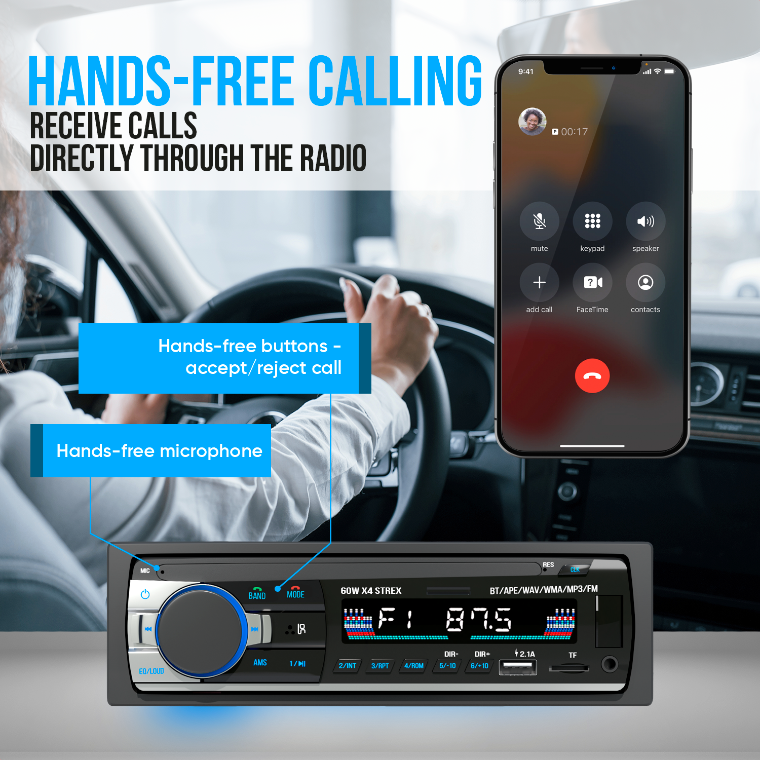 A person is driving a car and using hands-free calling through the radio. The phone screen is visible.