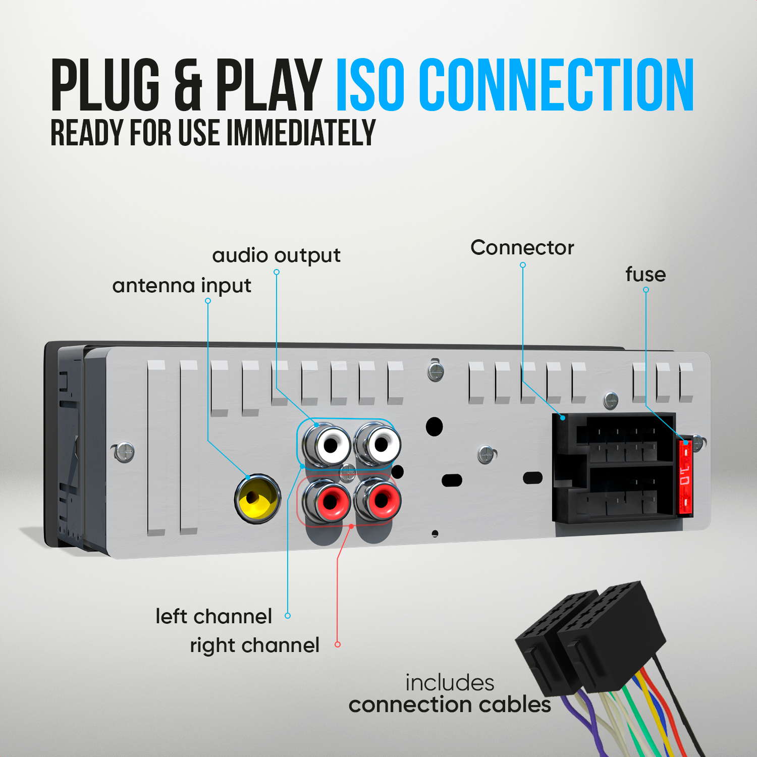 Car radio back with connector and cables. Text says, Plug & Play ISO connection, includes connection cables.