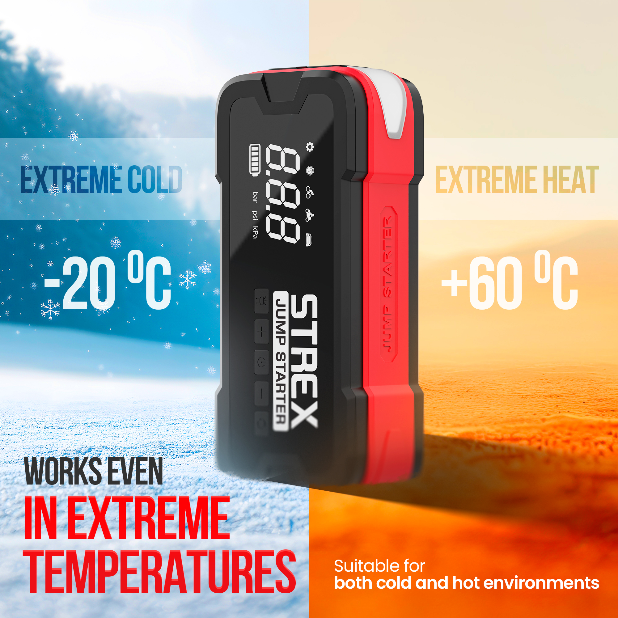 Dispositif de démarrage, avec des étiquettes de froid et de chaleur extrêmes. Le texte dit, fonctionne même à des températures extrêmes.