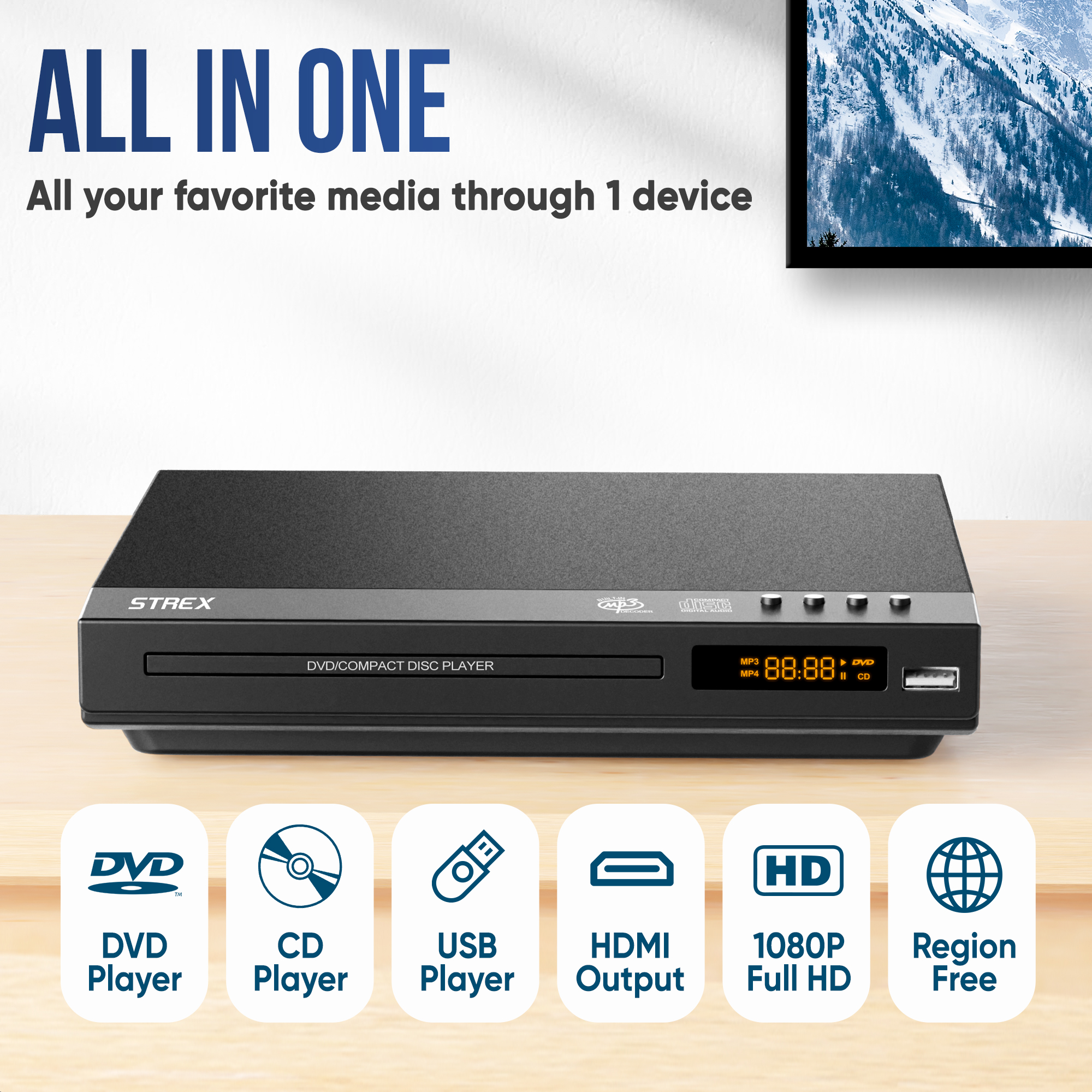 Black DVD/CD player. Features include DVD player, CD player, USB player, HDMI output, 1080P, and region-free.