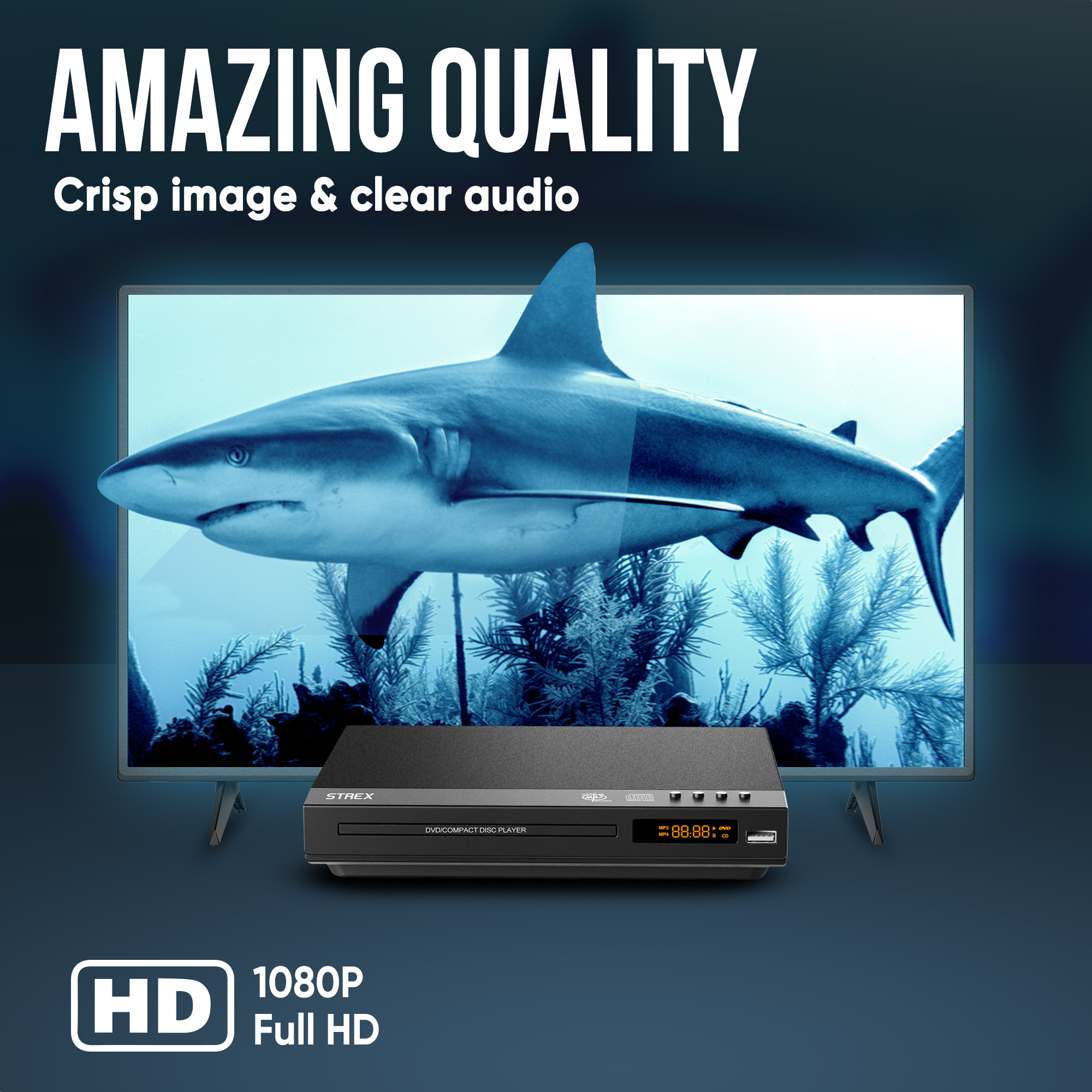 DVD player with a shark image displayed on the screen. The TV shows a shark. Text labels: HD, 1080P Full HD.