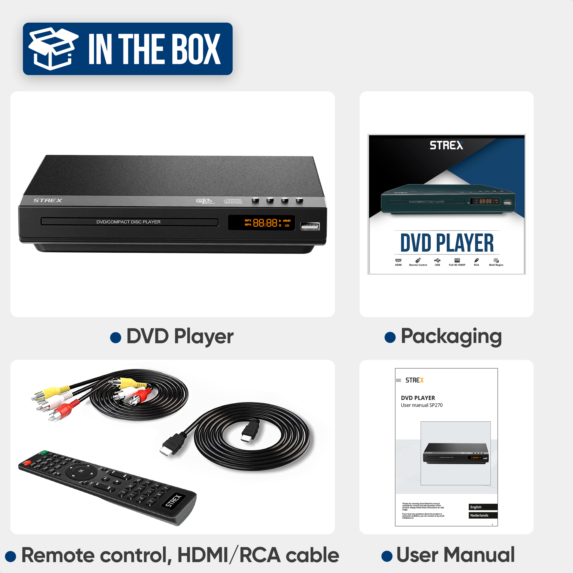 DVD player with remote, cables, and a user manual. DVD player, packaging, and other components are shown.