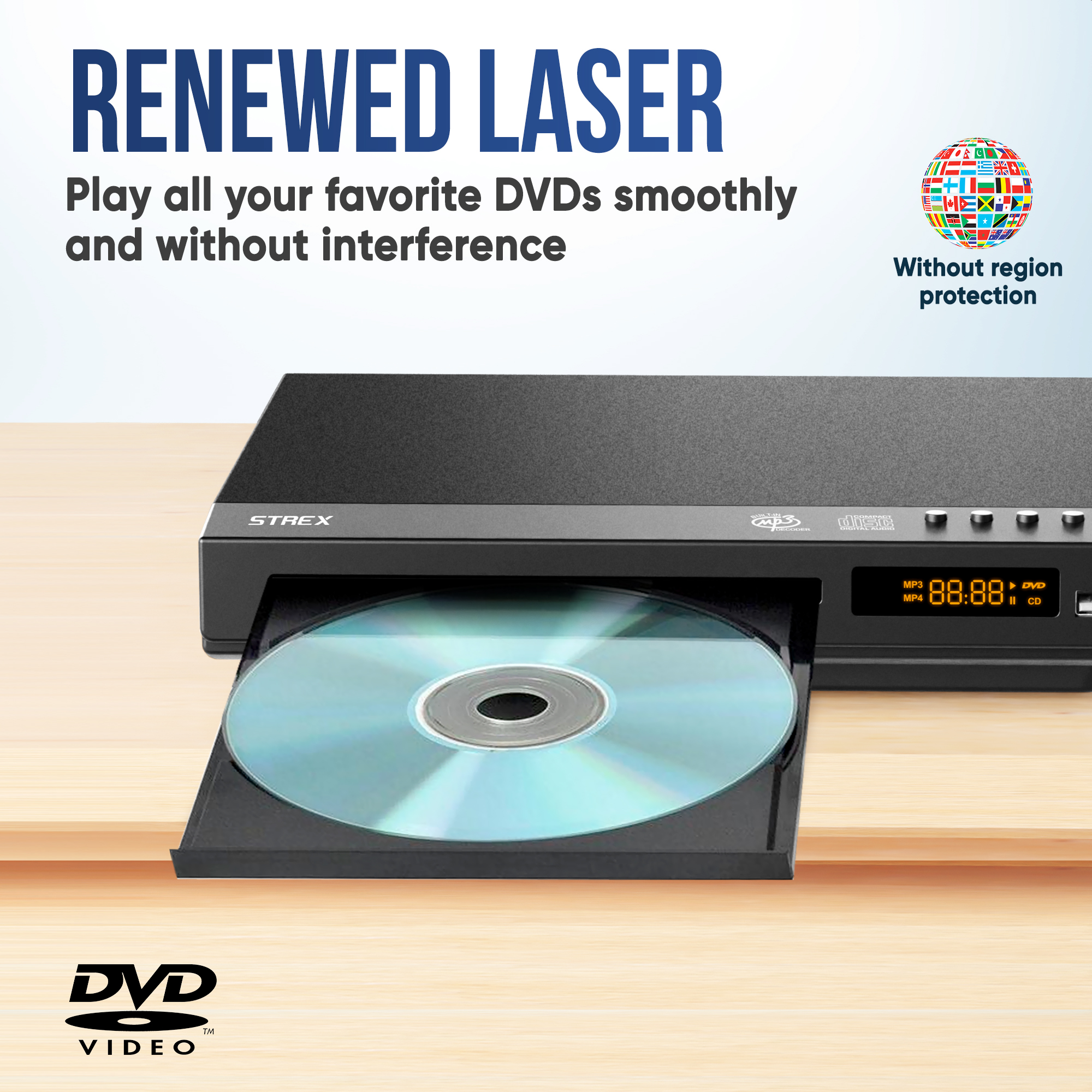 DVD player with an open tray. Features include a renewed laser and region-free playback.