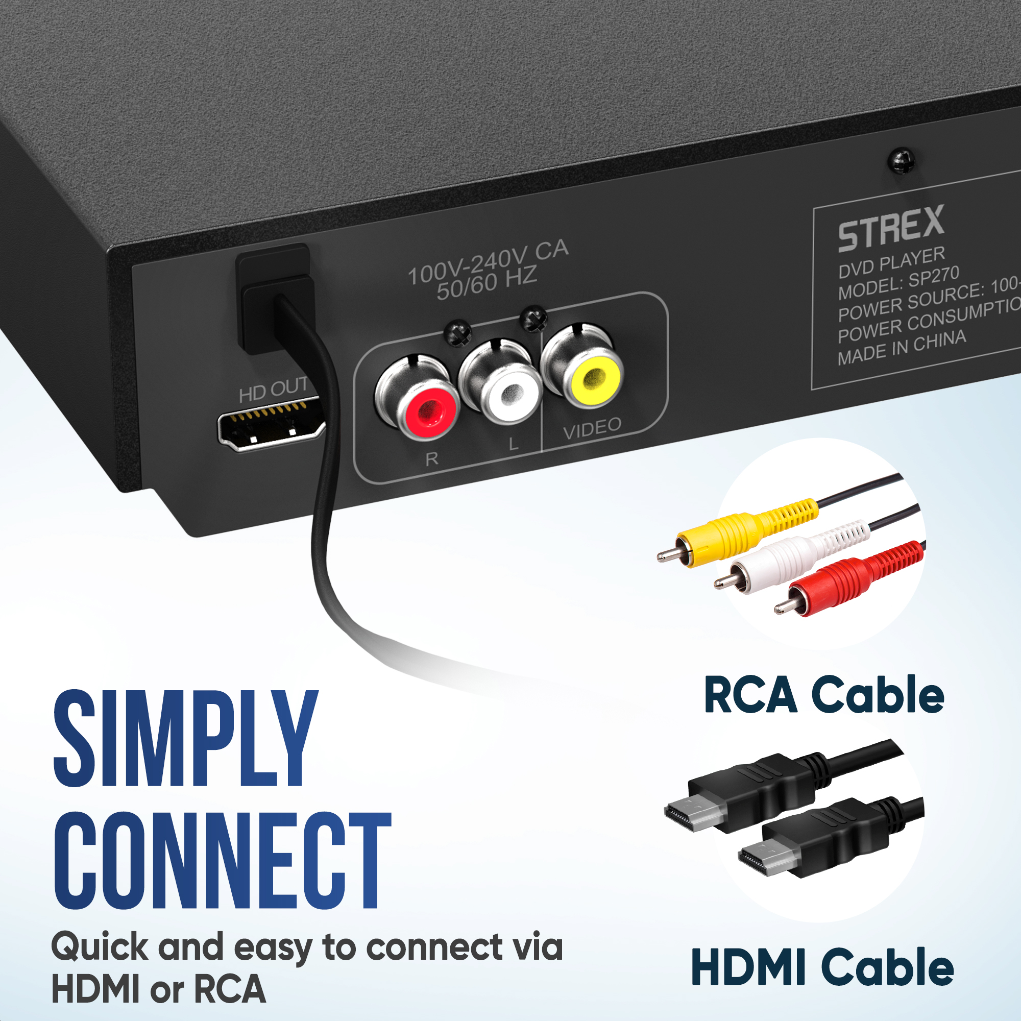 Back of a DVD player. Shows HDMI and RCA connections. Cables are provided.