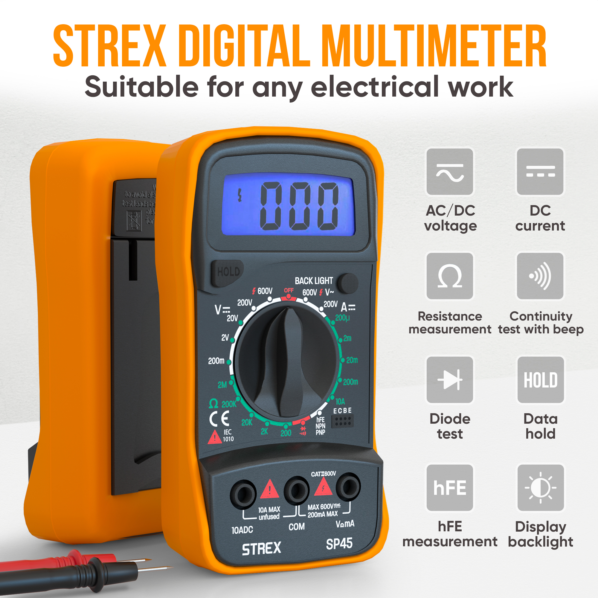 Oranges digitales Multimeter mit schwarzem Zifferblatt und Digitalanzeige. Verschiedene Testanschlüsse unten.