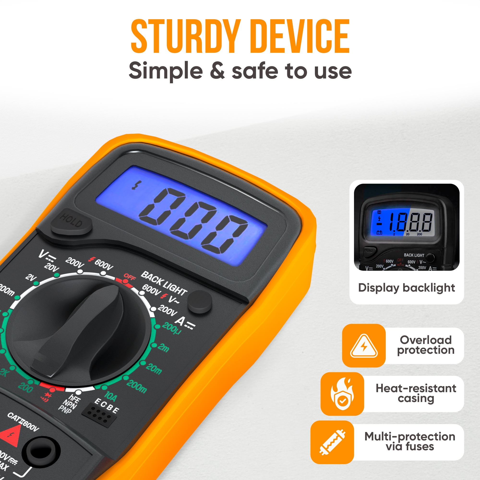 Multimeter mit Digitalanzeige. Funktionen: Überlast-, hitzebeständiges Gehäuse, Mehrfachschutz.