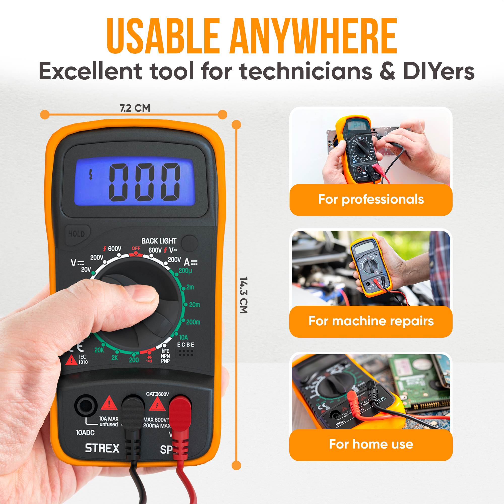 Multimeter für Messungen. Zeigt Abmessungen. Für Profis, Maschinenreparaturen und zu Hause.