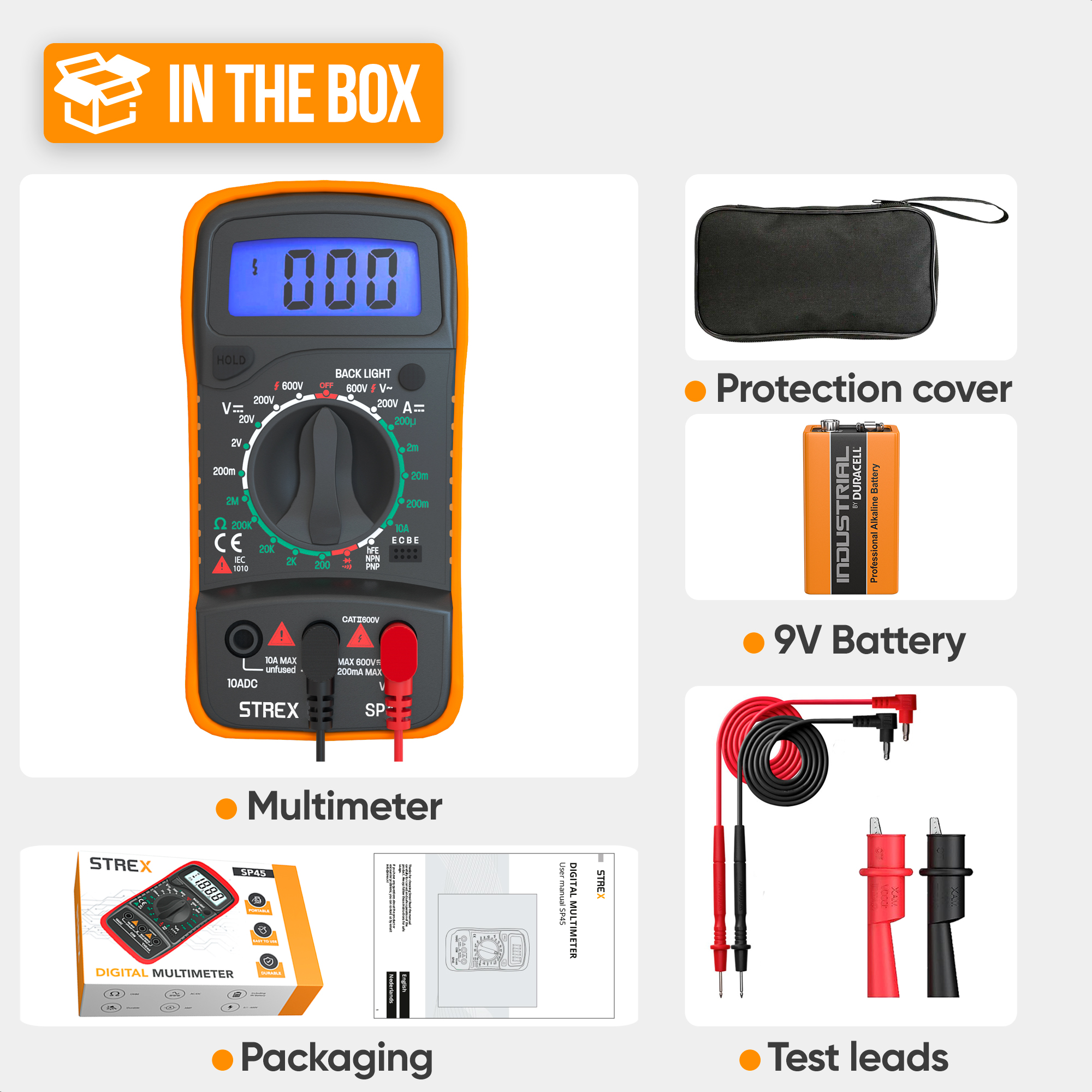 Multimeter mit Zubehör, einschließlich Batterie, Messleitungen und Tragetasche. Verpackung wird ebenfalls angezeigt.
