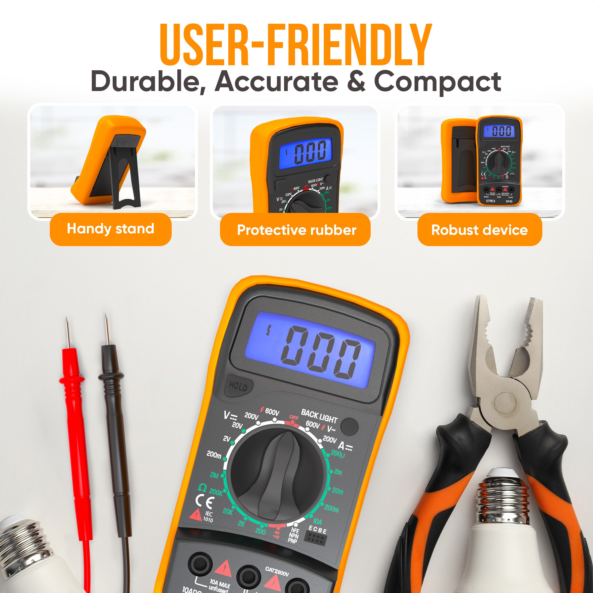 Multimeter mit verschiedenen Funktionen: praktischer Ständer, Schutzgummi und robustes Gerät.