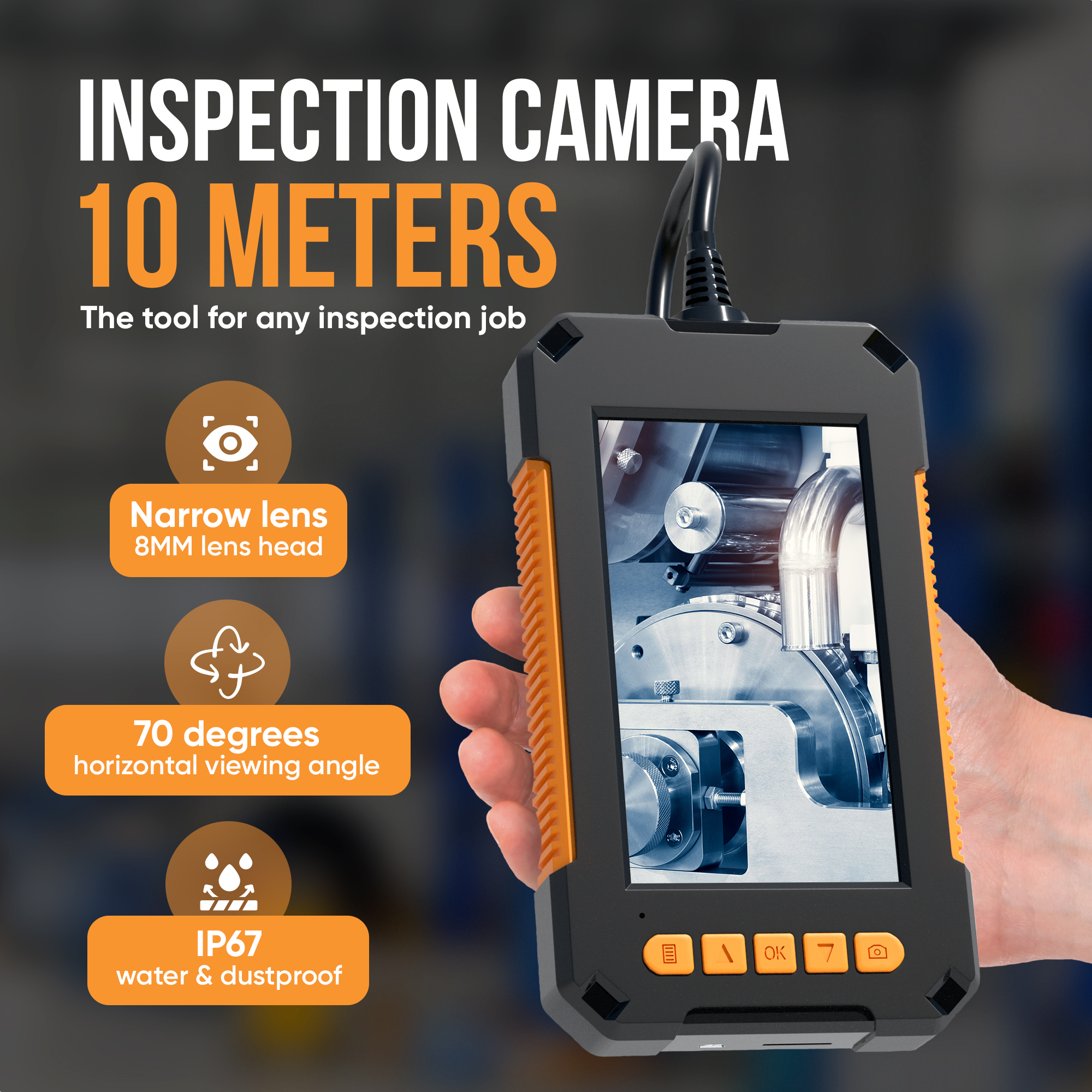 Inspectiecamera met een scherm, vastgehouden door een hand. Functies zijn smalle lens en water/stofdicht.