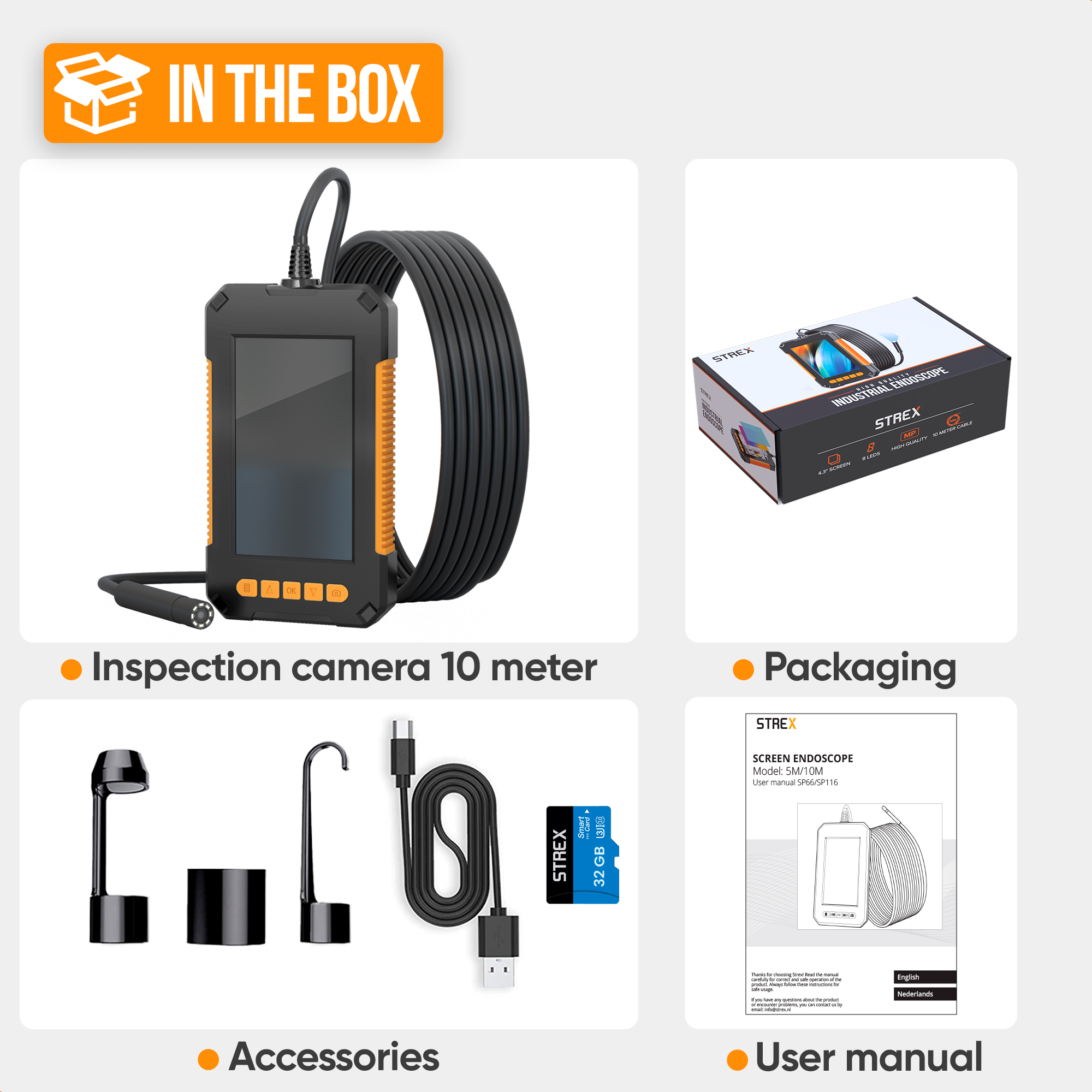 Inspectiecamera met accessoires, verpakking en gebruikershandleiding. Inclusief een 10 meter inspectiecamera.