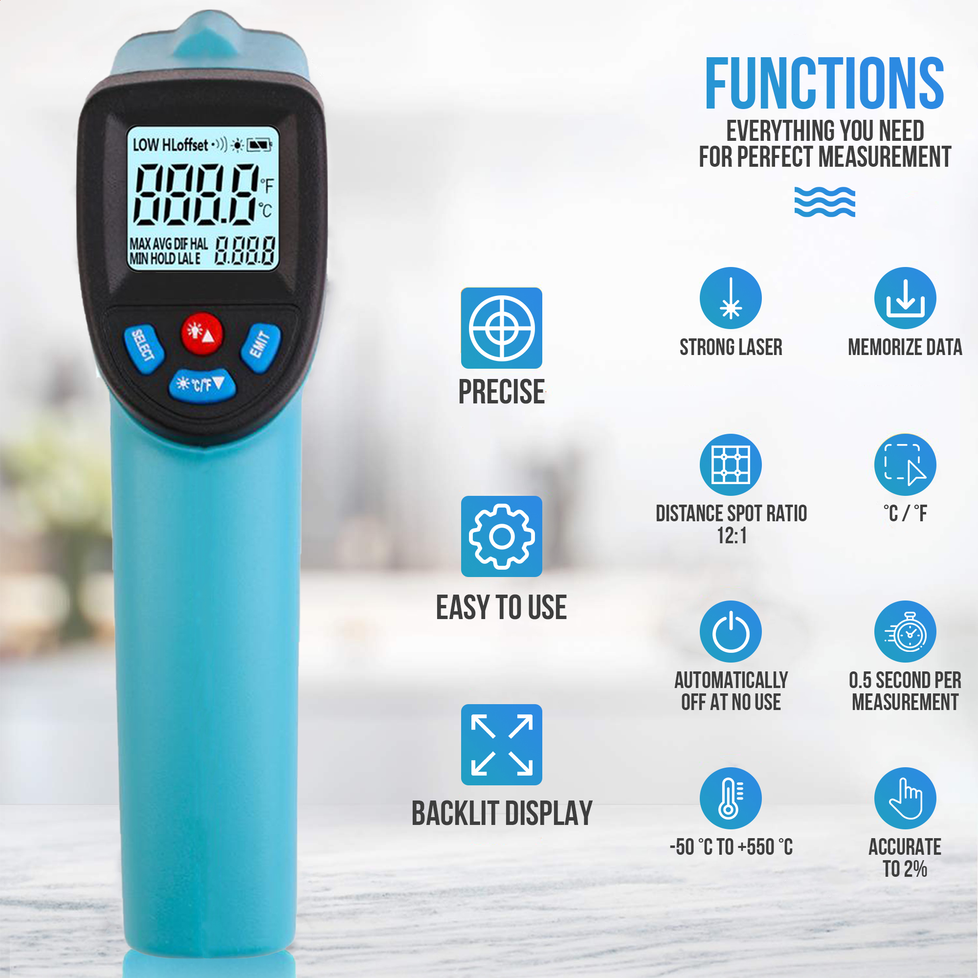 Blaues Laserthermometer mit Digitalanzeige, das Temperaturmesswerte anzeigt. Zu den Merkmalen gehört ein starker Laser.