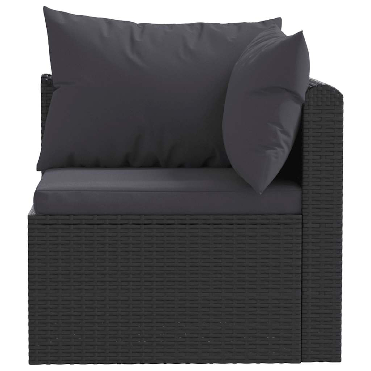 Ein schwarzes Sofa im Korbstil mit grauer Polsterung und zwei Kissen. Der rechte Arm ist sichtbar.