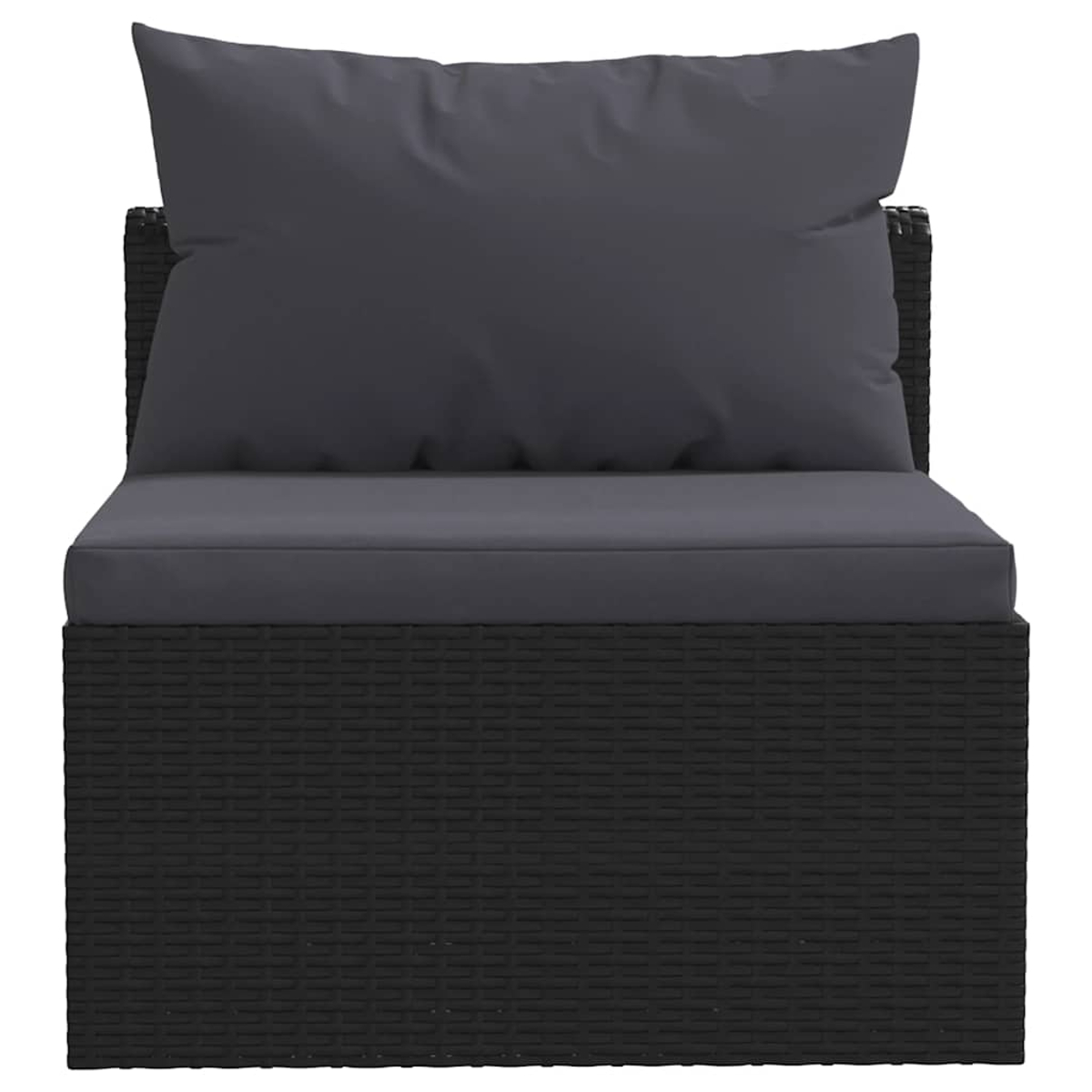 Ein schwarzes Sofa im Korbstil mit grauer Polsterung und einem Kissen. Die Rückseite ist sichtbar.