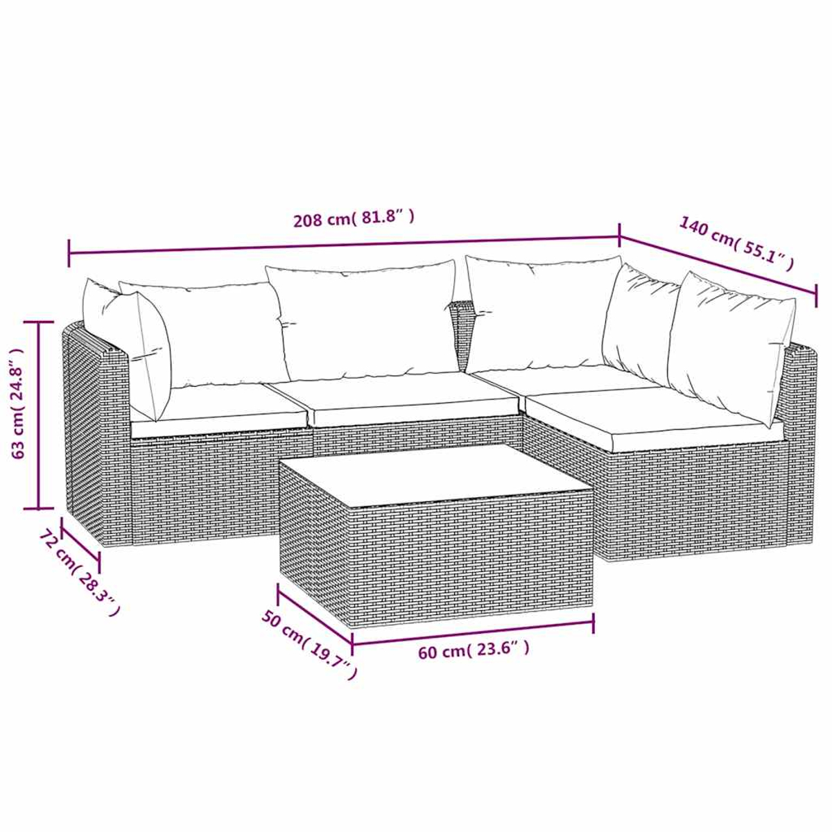 Eine detaillierte Zeichnung eines schwarzen, gewebten Ecksofas und eines Couchtisches mit Abmessungen in cm und Zoll.