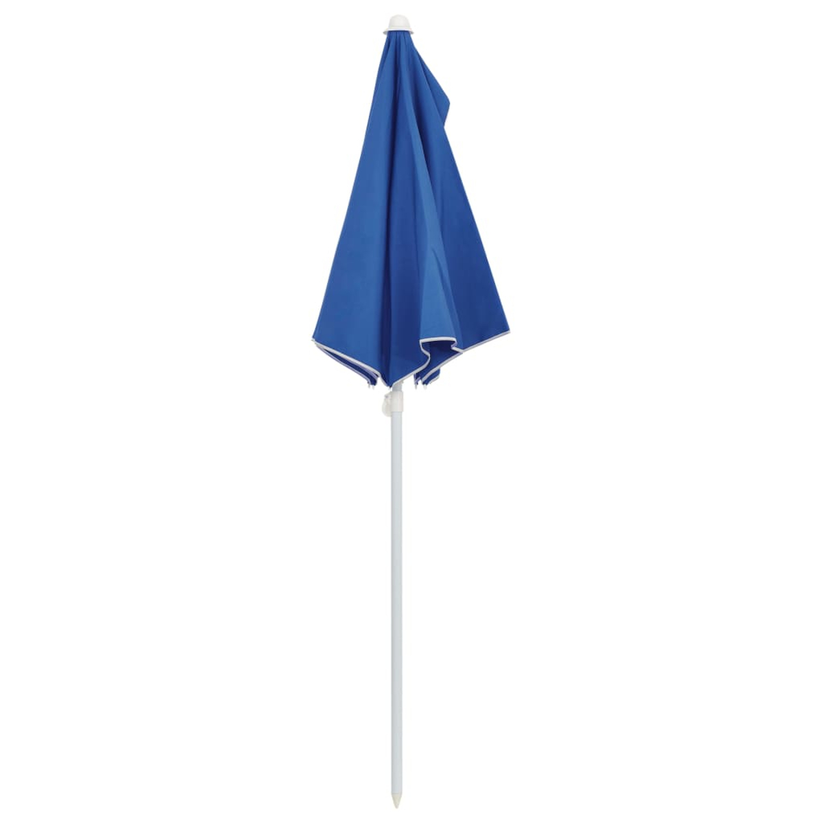 Geschlossener blauer Schirm mit weißem Mast und weißem Sockel. Weißer Hintergrund.
