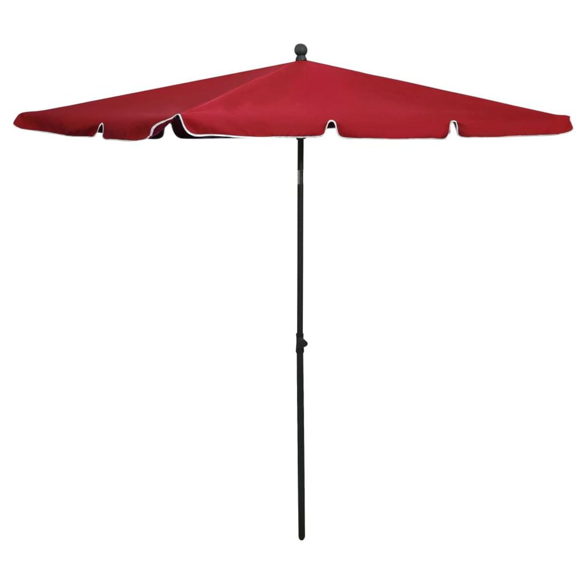 Ein roter Regenschirm mit weißer Zierleiste. Er hat eine schwarze Stange und eine abgerundete Spitze.