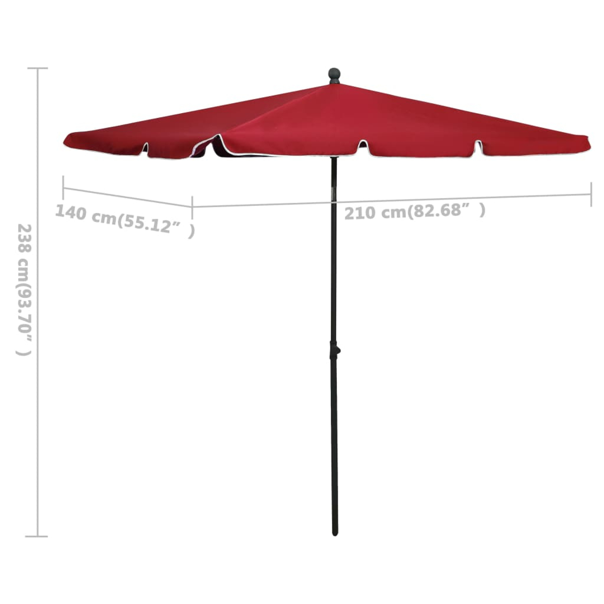 Ein roter Schirm mit gewelltem Rand und weißem Besatz. Maße: 140 cm x 210 cm x 238 cm.