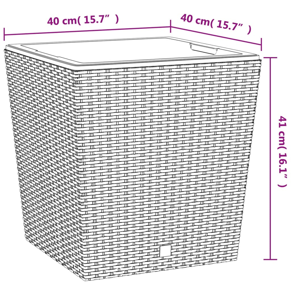 Quadratischer, gewebter Pflanzkübel mit Maßangaben. Er ist grau und hat ein kleines weißes Quadrat.