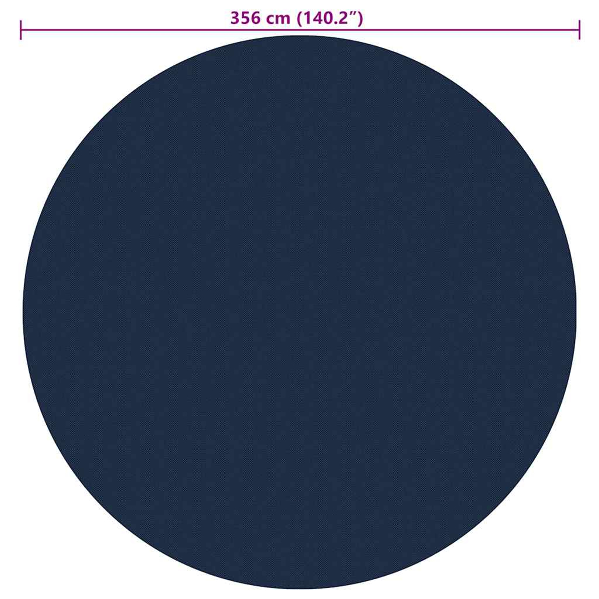 Eine marineblaue runde Oberfläche mit Abmessungen von 356 cm (140,2").